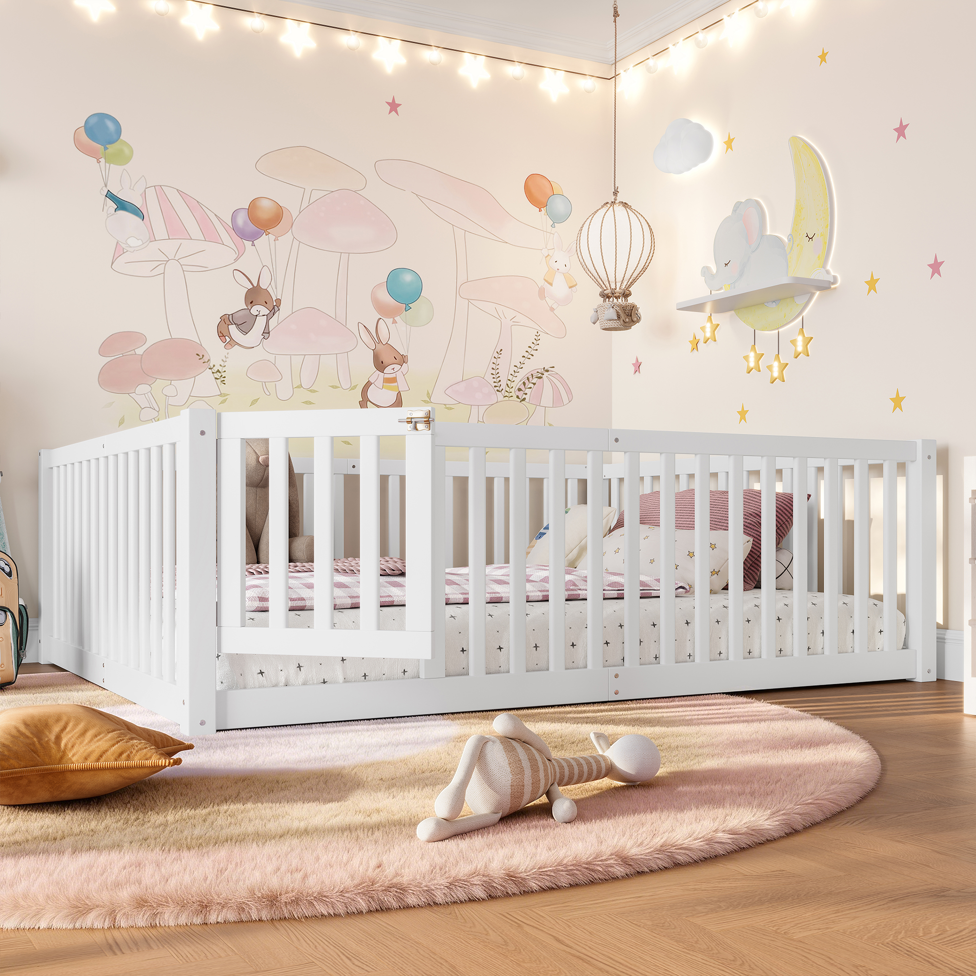 Full Size Bed Floor Bed with Safety Guardrails and Door for Kids,White - Image 2