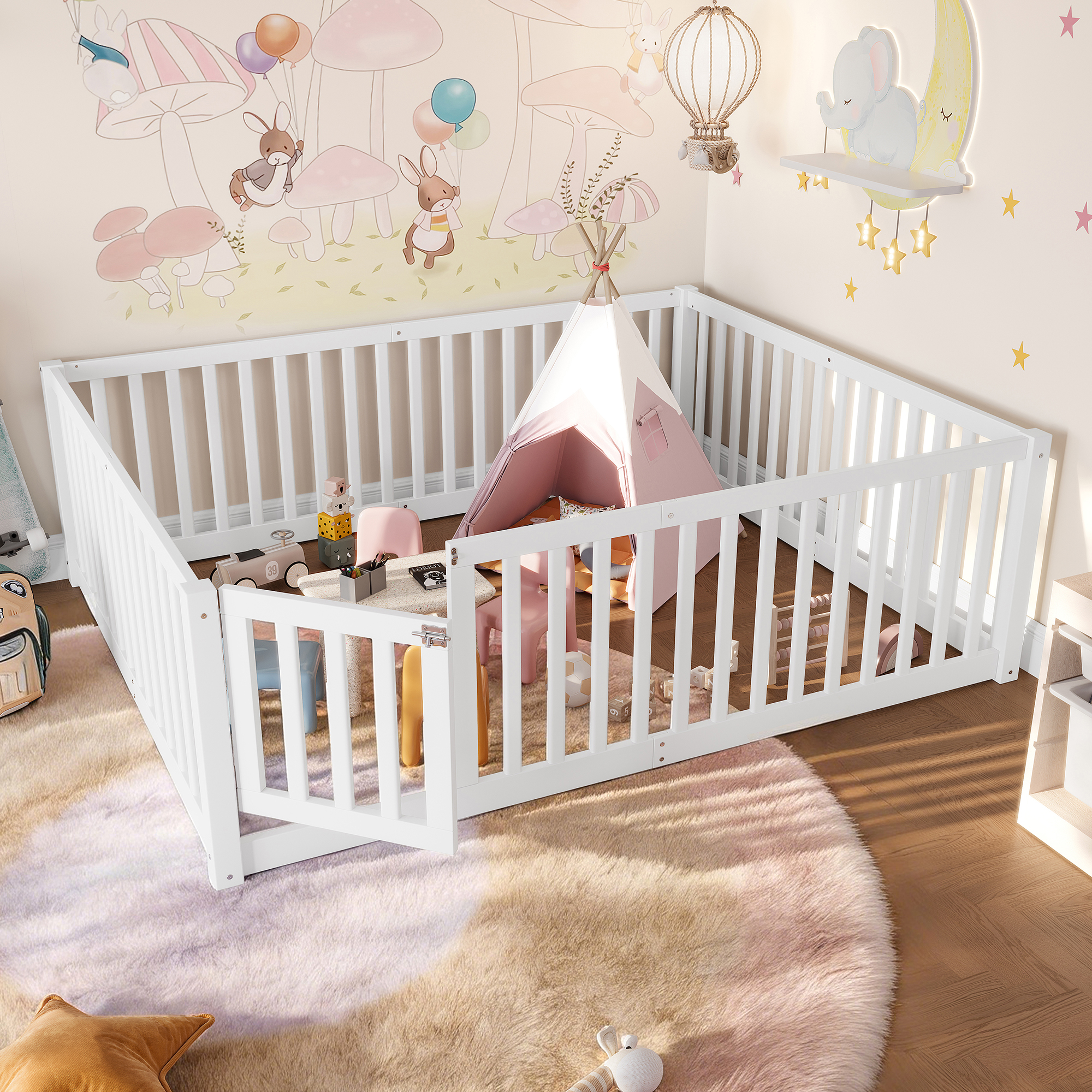 Full Size Bed Floor Bed with Safety Guardrails and Door for Kids,White - Image 3