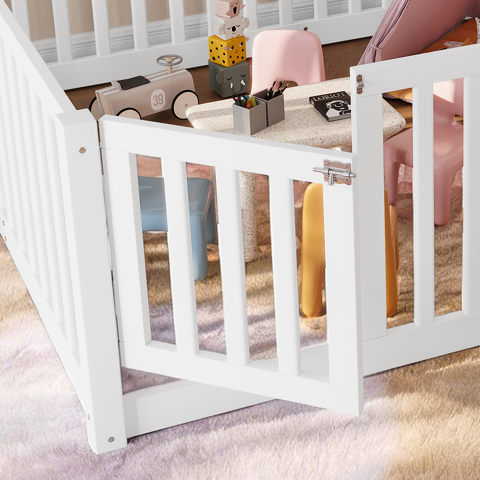 Full Size Bed Floor Bed with Safety Guardrails and Door for Kids,White - Image 6