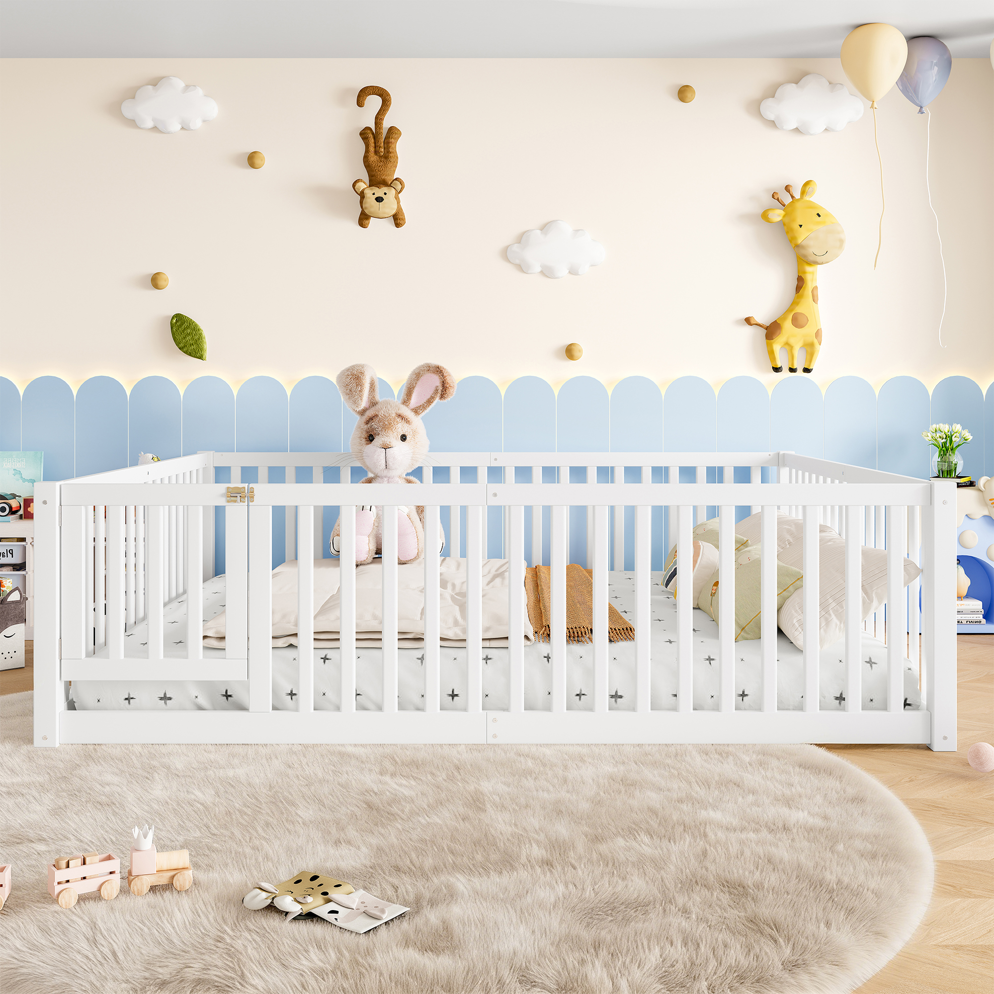 Queen Size Bed Floor Bed with Safety Guardrails and Door for Kids,White