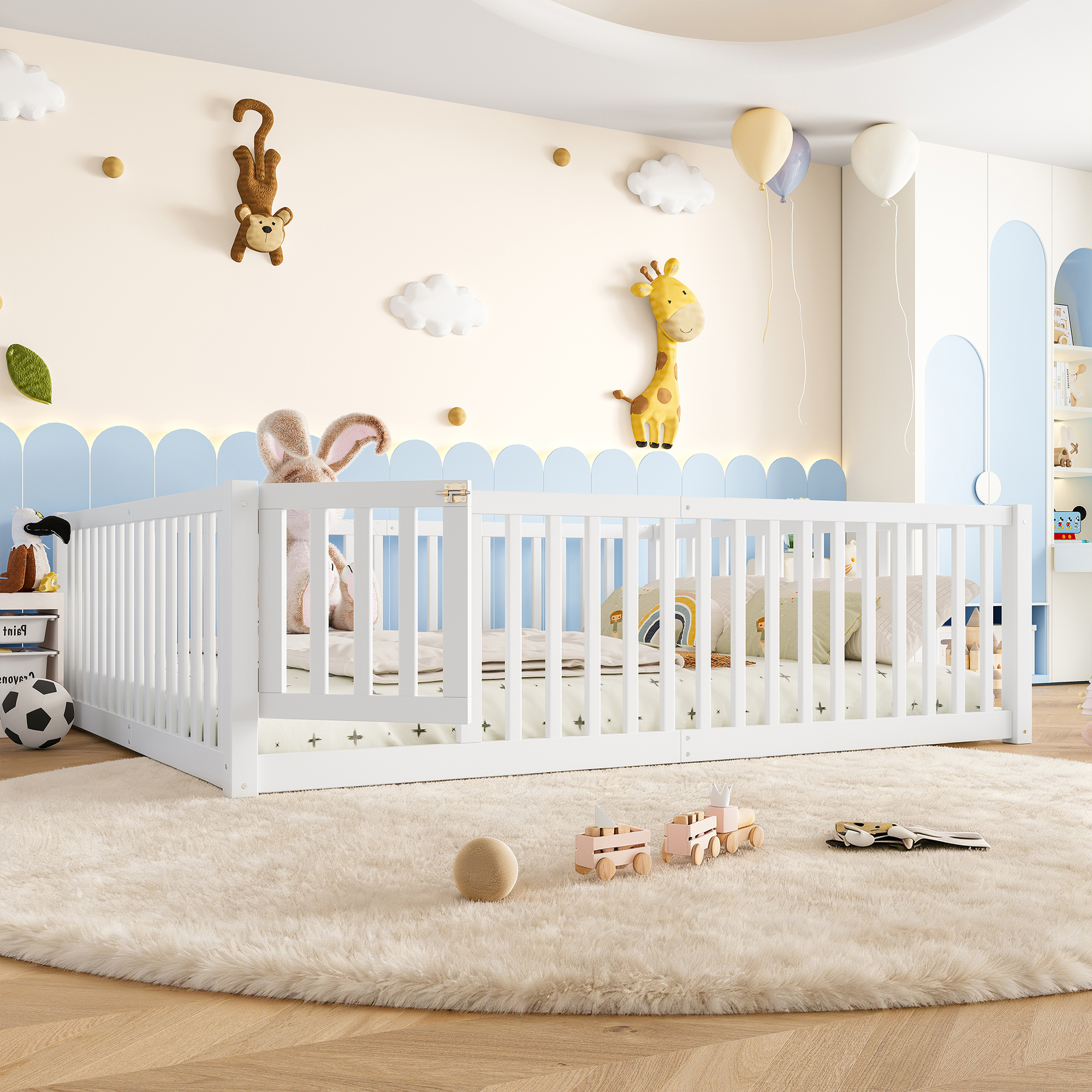 Queen Size Bed Floor Bed with Safety Guardrails and Door for Kids,White - Image 2