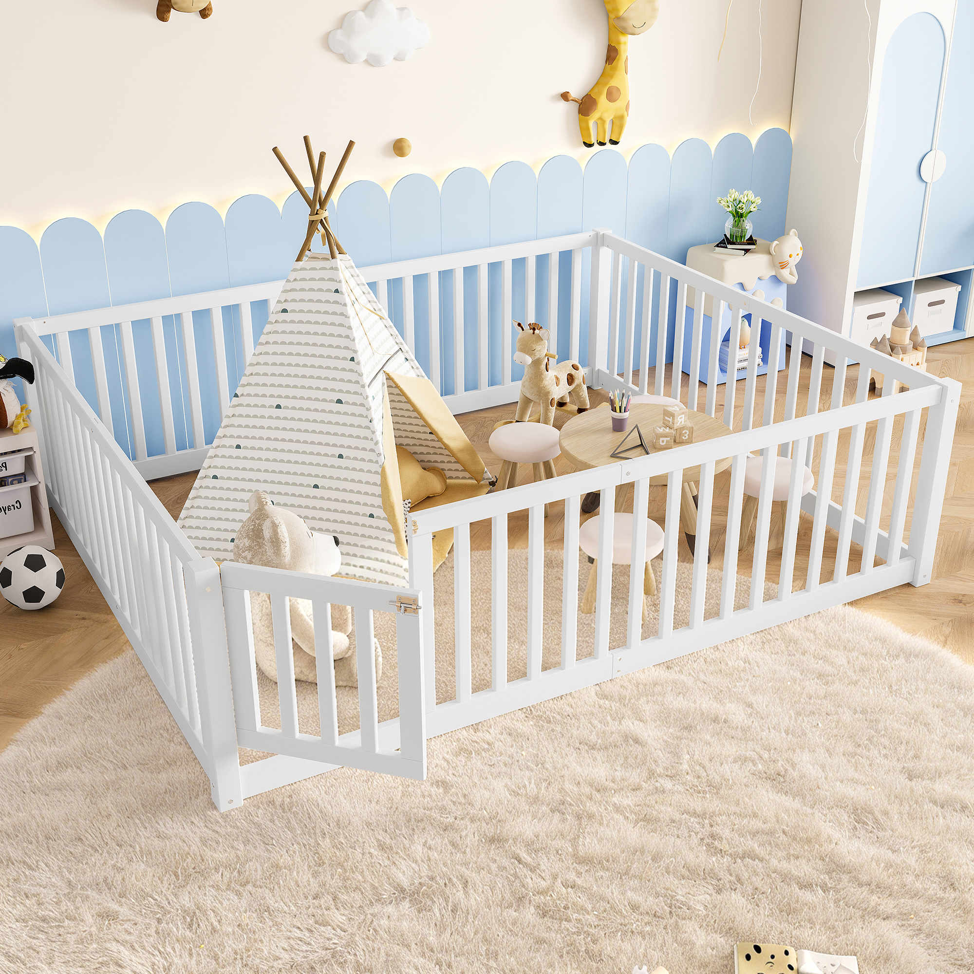 Queen Size Bed Floor Bed with Safety Guardrails and Door for Kids,White - Image 3