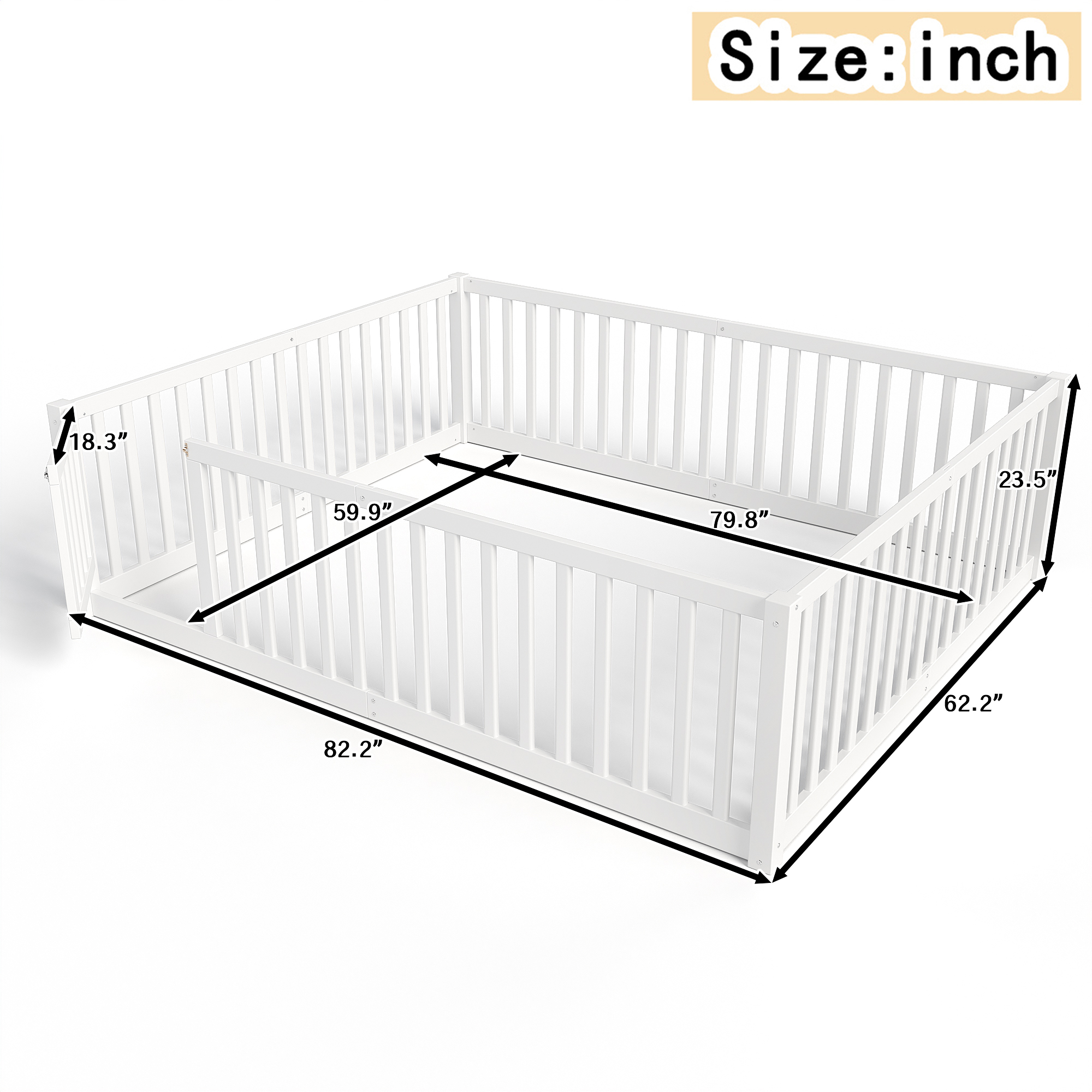 Queen Size Bed Floor Bed with Safety Guardrails and Door for Kids,White - Image 4