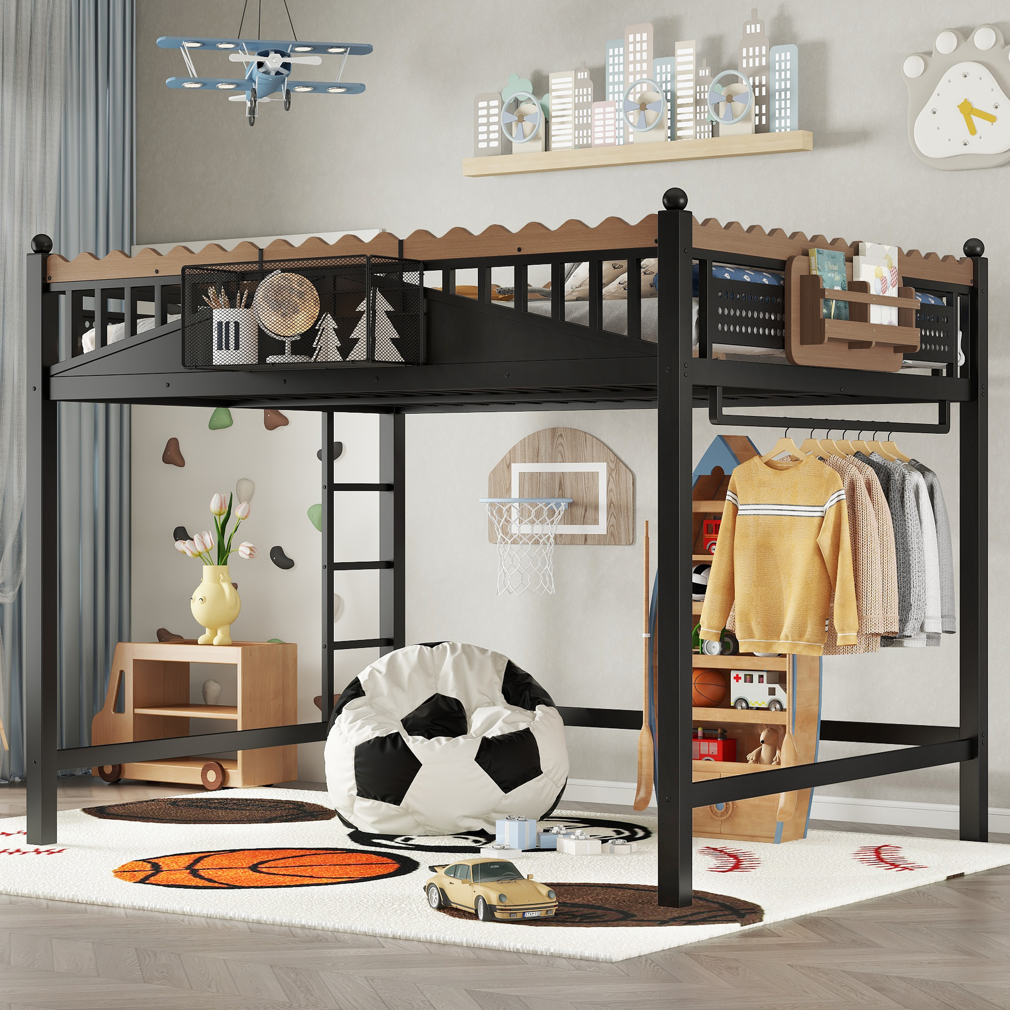 Queen Size Loft Bed with Ladders, Metal Loft Bed with Storage Shelves and bookshelf, No Box Spring Needed and Chic Design, Black - Image 1