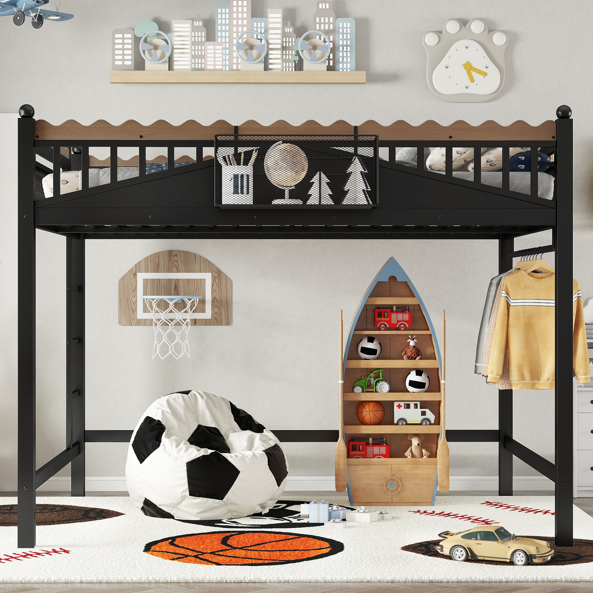 Queen Size Loft Bed with Ladders, Metal Loft Bed with Storage Shelves and bookshelf, No Box Spring Needed and Chic Design, Black - Image 2