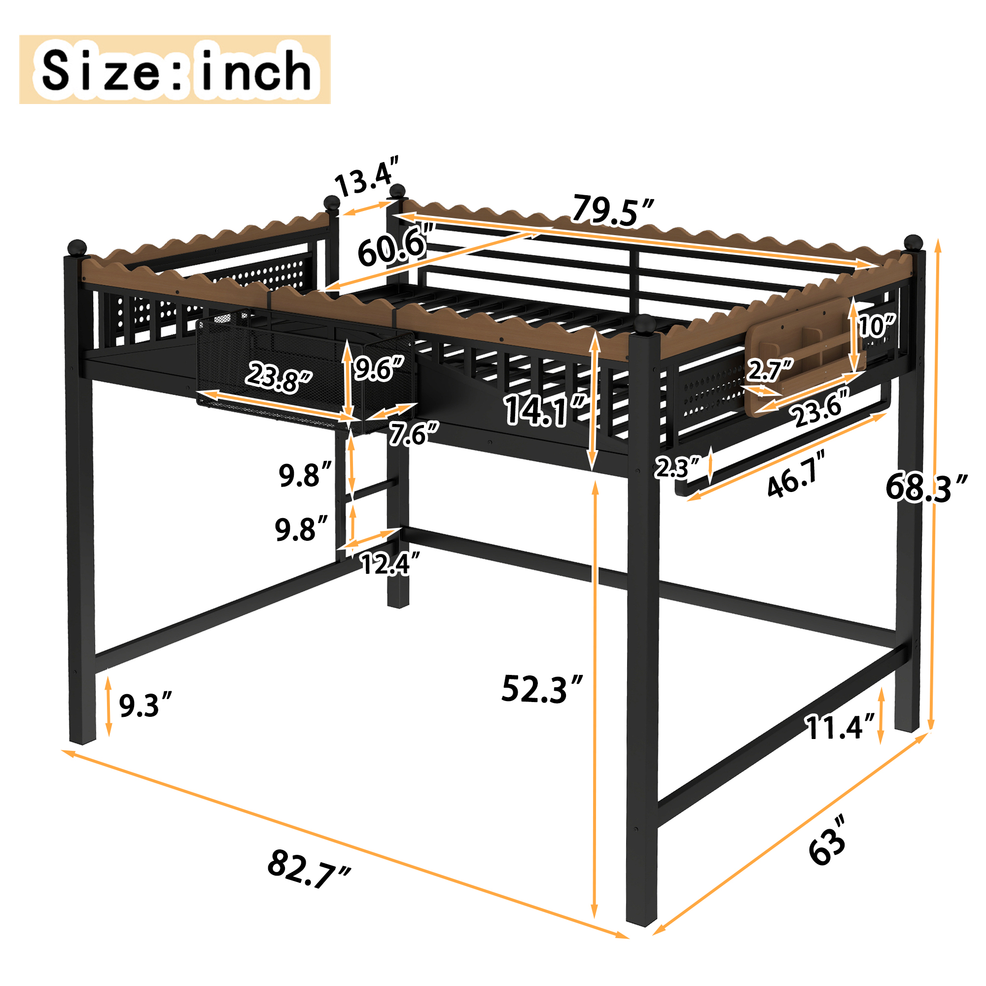Queen Size Loft Bed with Ladders, Metal Loft Bed with Storage Shelves and bookshelf, No Box Spring Needed and Chic Design, Black - Image 4