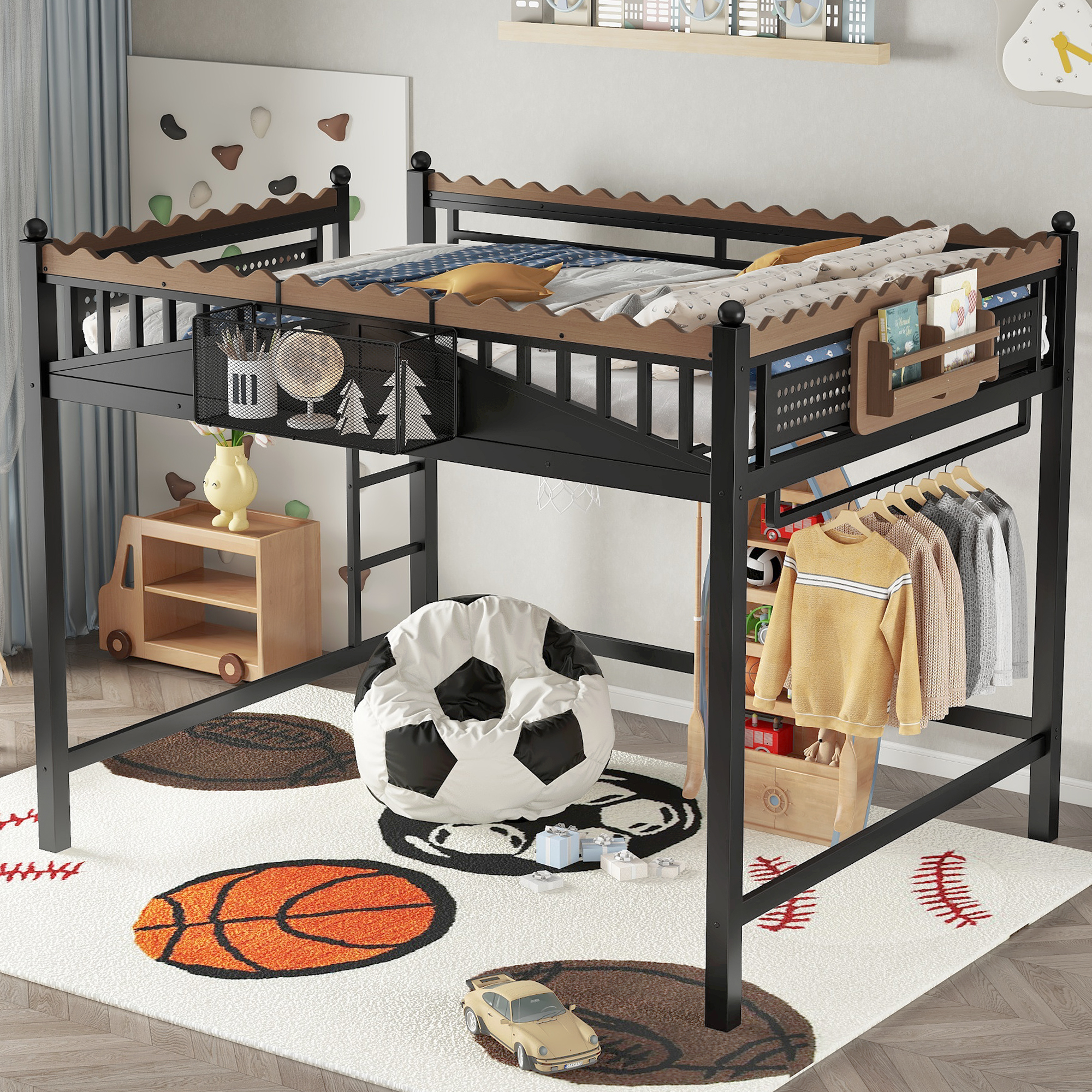 Queen Size Loft Bed with Ladders, Metal Loft Bed with Storage Shelves and bookshelf, No Box Spring Needed and Chic Design, Black - Image 3