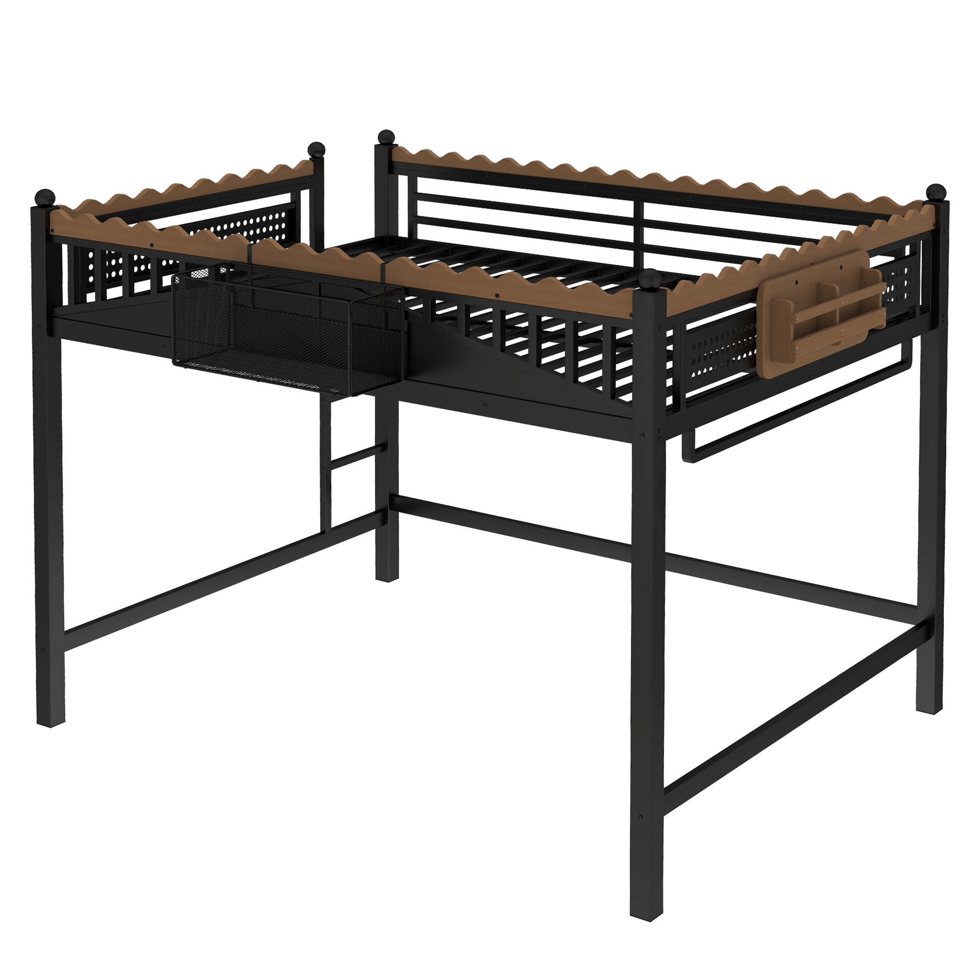 Queen Size Loft Bed with Ladders, Metal Loft Bed with Storage Shelves and bookshelf, No Box Spring Needed and Chic Design, Black - Image 5