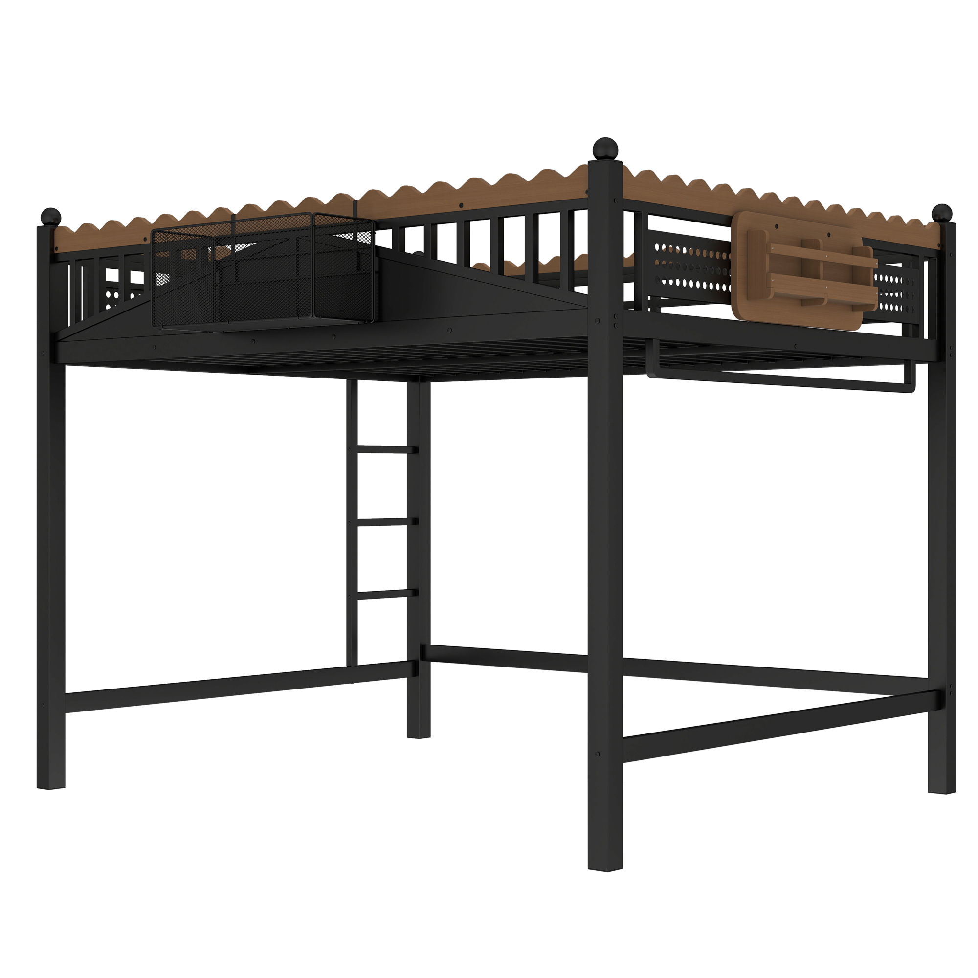Queen Size Loft Bed with Ladders, Metal Loft Bed with Storage Shelves and bookshelf, No Box Spring Needed and Chic Design, Black - Image 6
