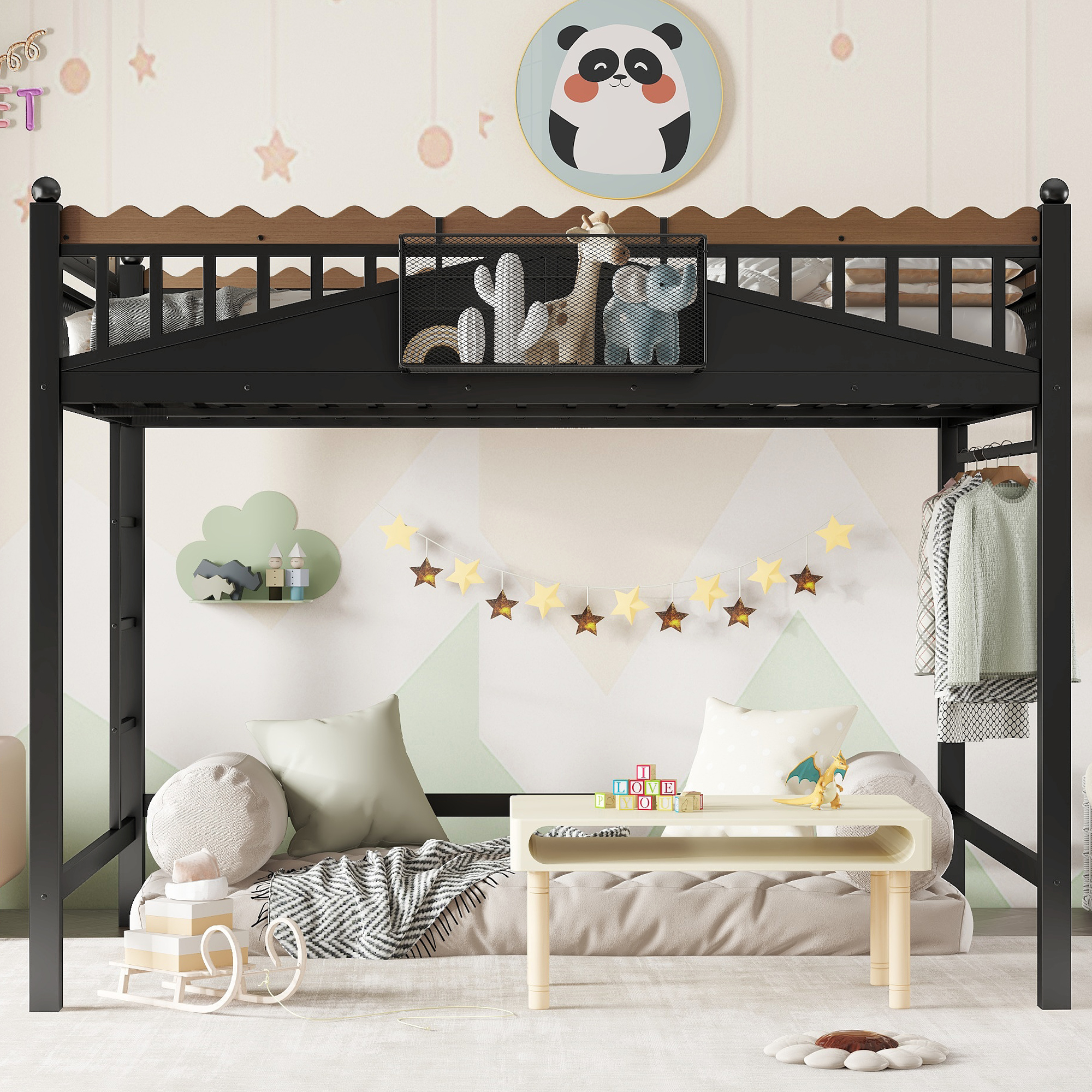 Full Size Loft Bed with Ladders, Metal Loft Bed with Storage Shelves and bookshelf, No Box Spring Needed and Chic Design, Black - Image 2
