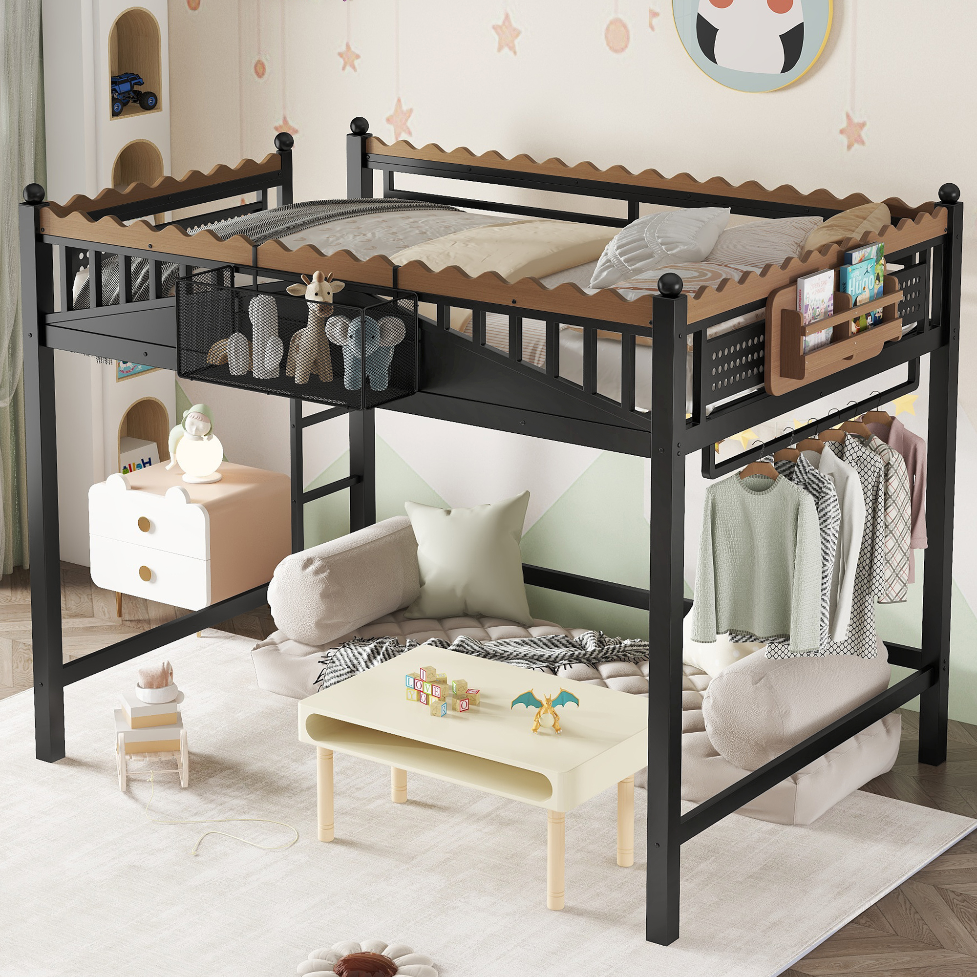 Full Size Loft Bed with Ladders, Metal Loft Bed with Storage Shelves and bookshelf, No Box Spring Needed and Chic Design, Black - Image 3