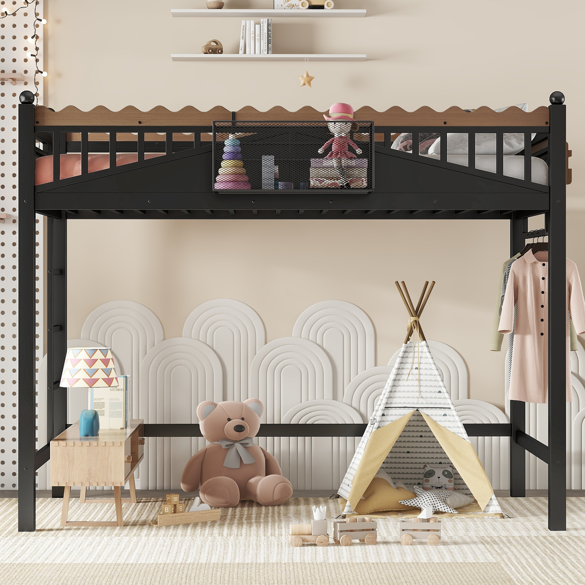 Twin XL Size Loft Bed with Ladders, Metal Loft Bed with Storage Shelves and bookshelf, No Box Spring Needed and Chic Design, Black - Image 2
