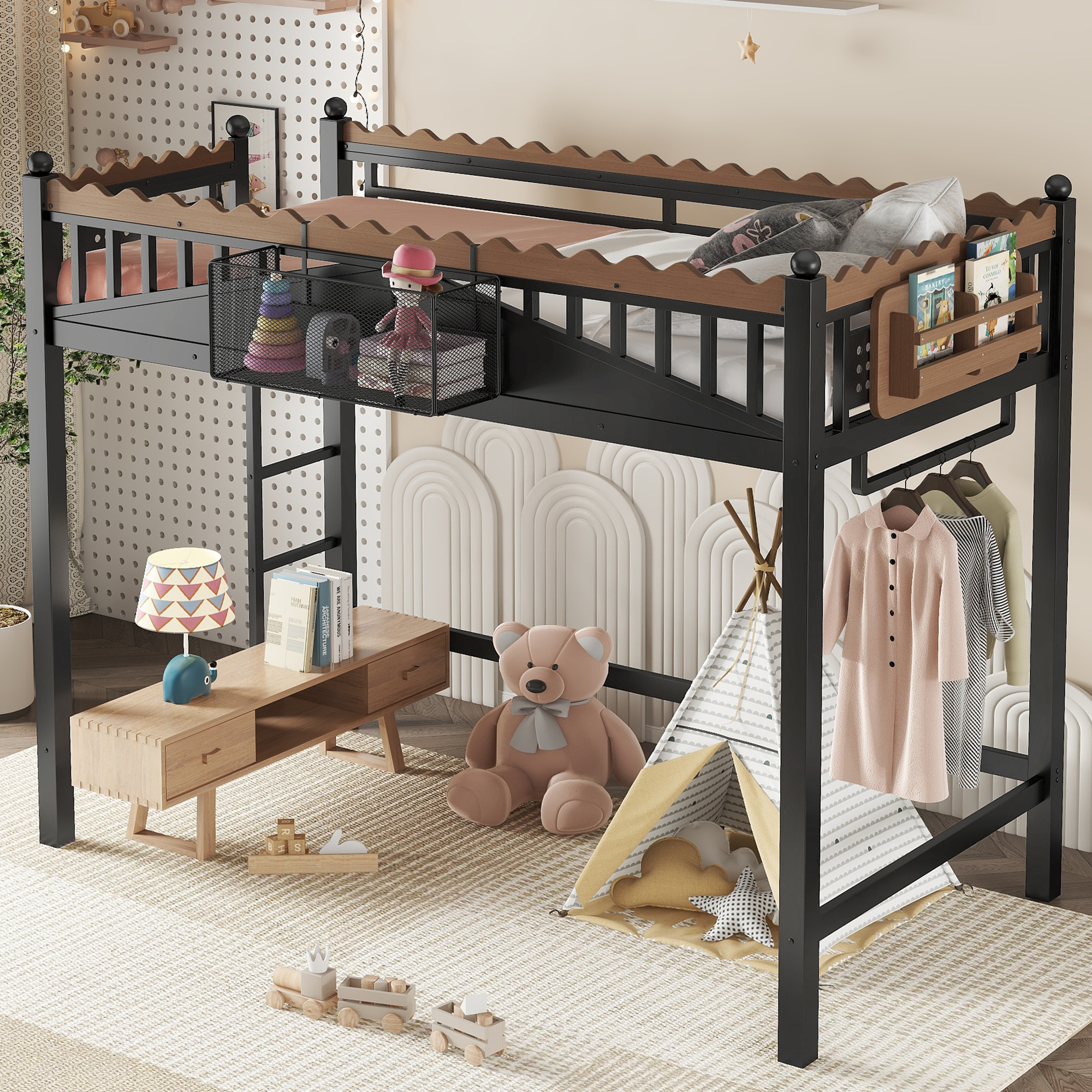 Twin XL Size Loft Bed with Ladders, Metal Loft Bed with Storage Shelves and bookshelf, No Box Spring Needed and Chic Design, Black - Image 3