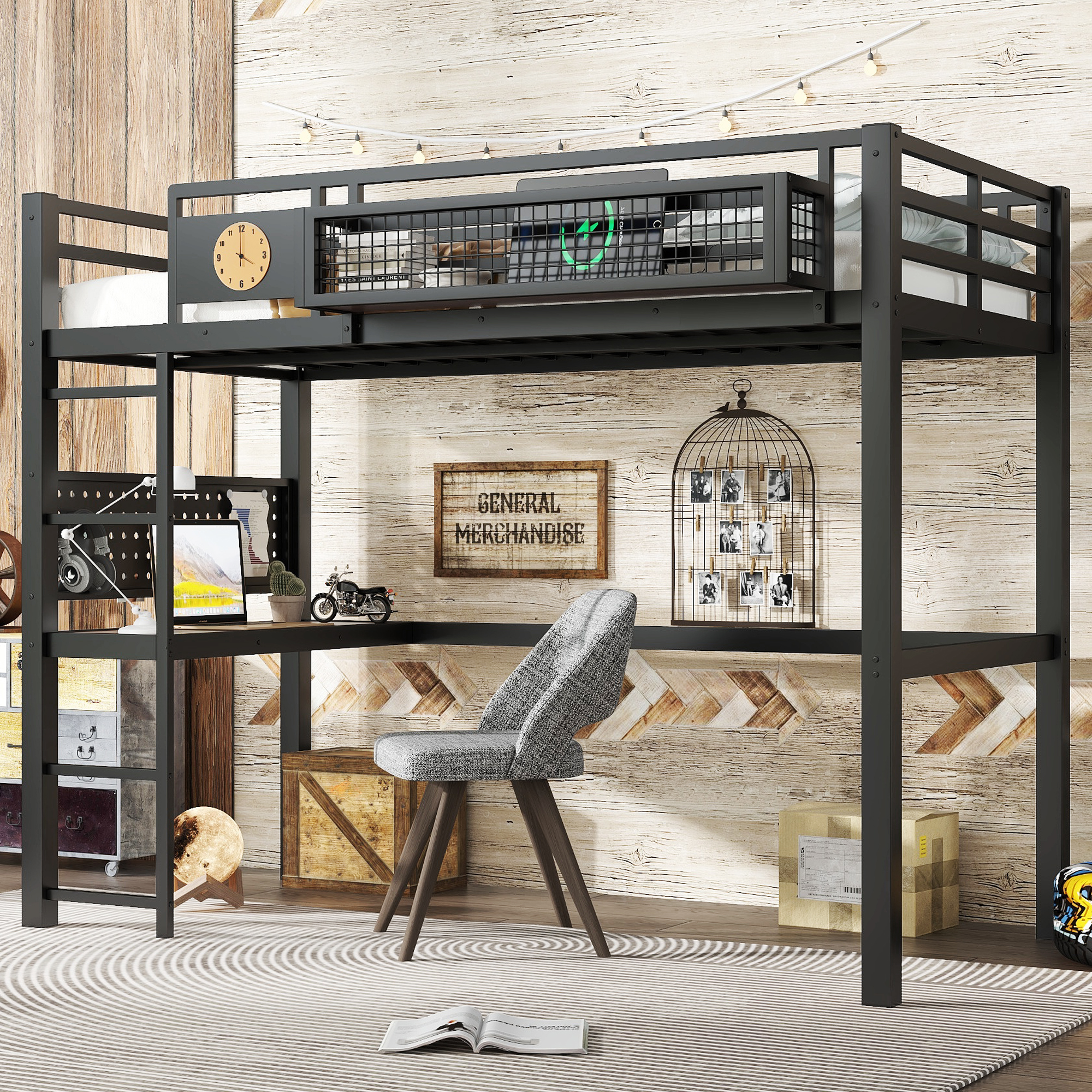 Twin XL Size Loft Bed Frame with desk, storage basket,Metal Loft Bed with clock,and charging port,Black - Image 2