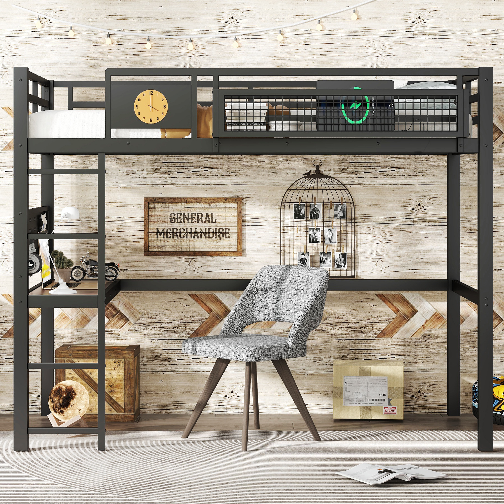 Twin XL Size Loft Bed Frame with desk, storage basket,Metal Loft Bed with clock,and charging port,Black - Image 3