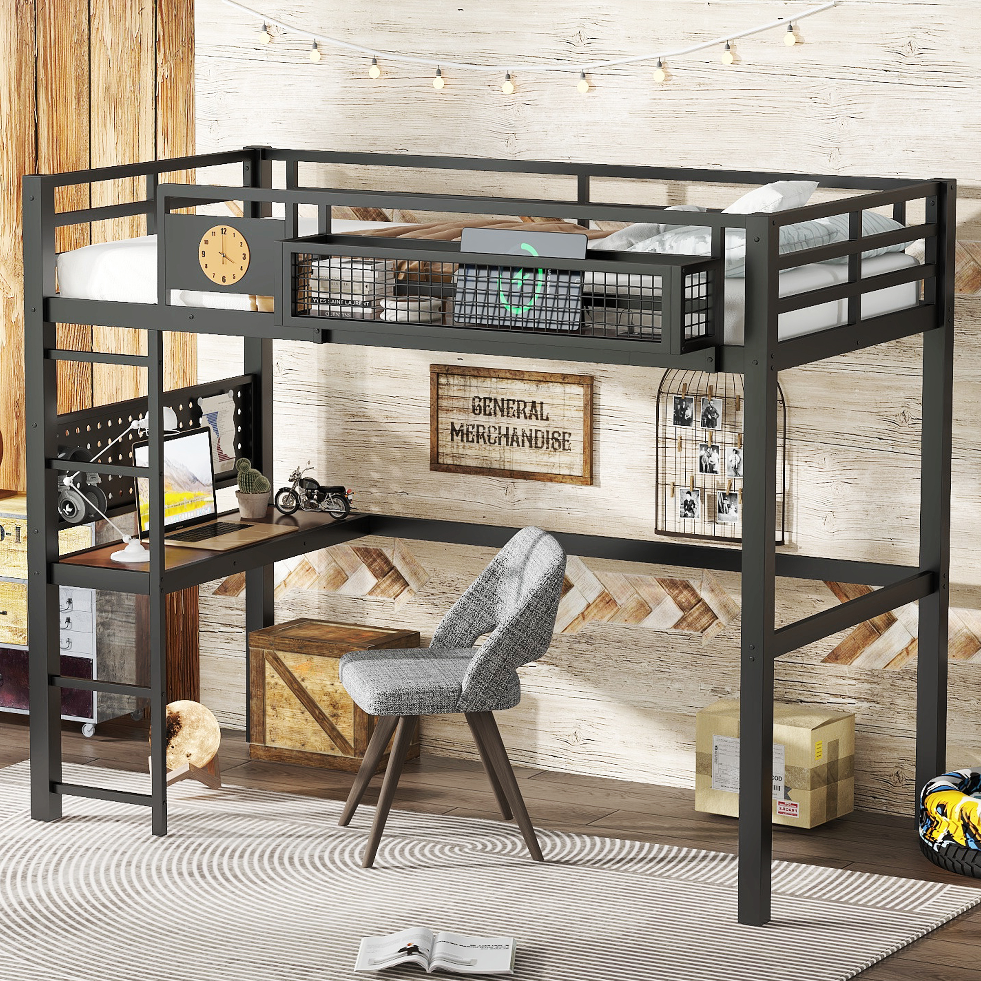 Twin XL Size Loft Bed Frame with desk, storage basket,Metal Loft Bed with clock,and charging port,Black - Image 4