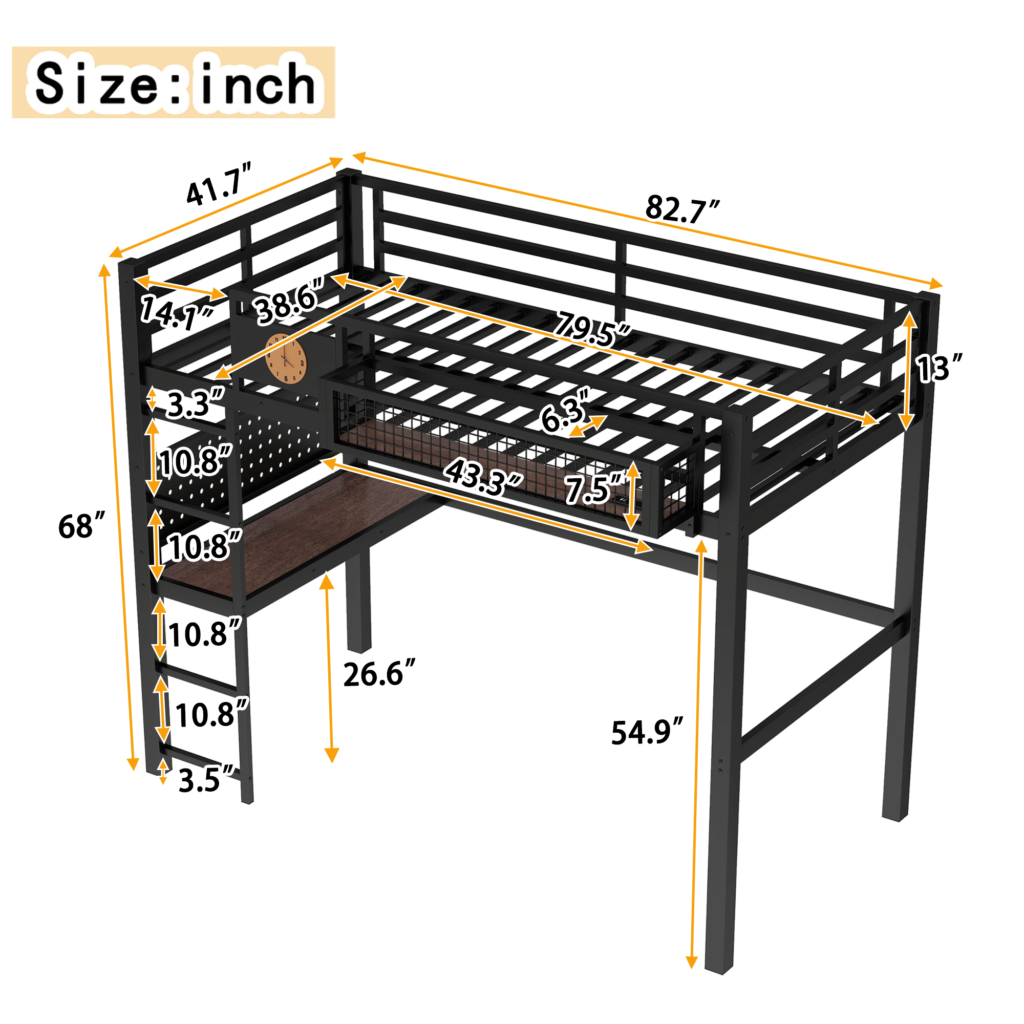 Twin XL Size Loft Bed Frame with desk, storage basket,Metal Loft Bed with clock,and charging port,Black - Image 5