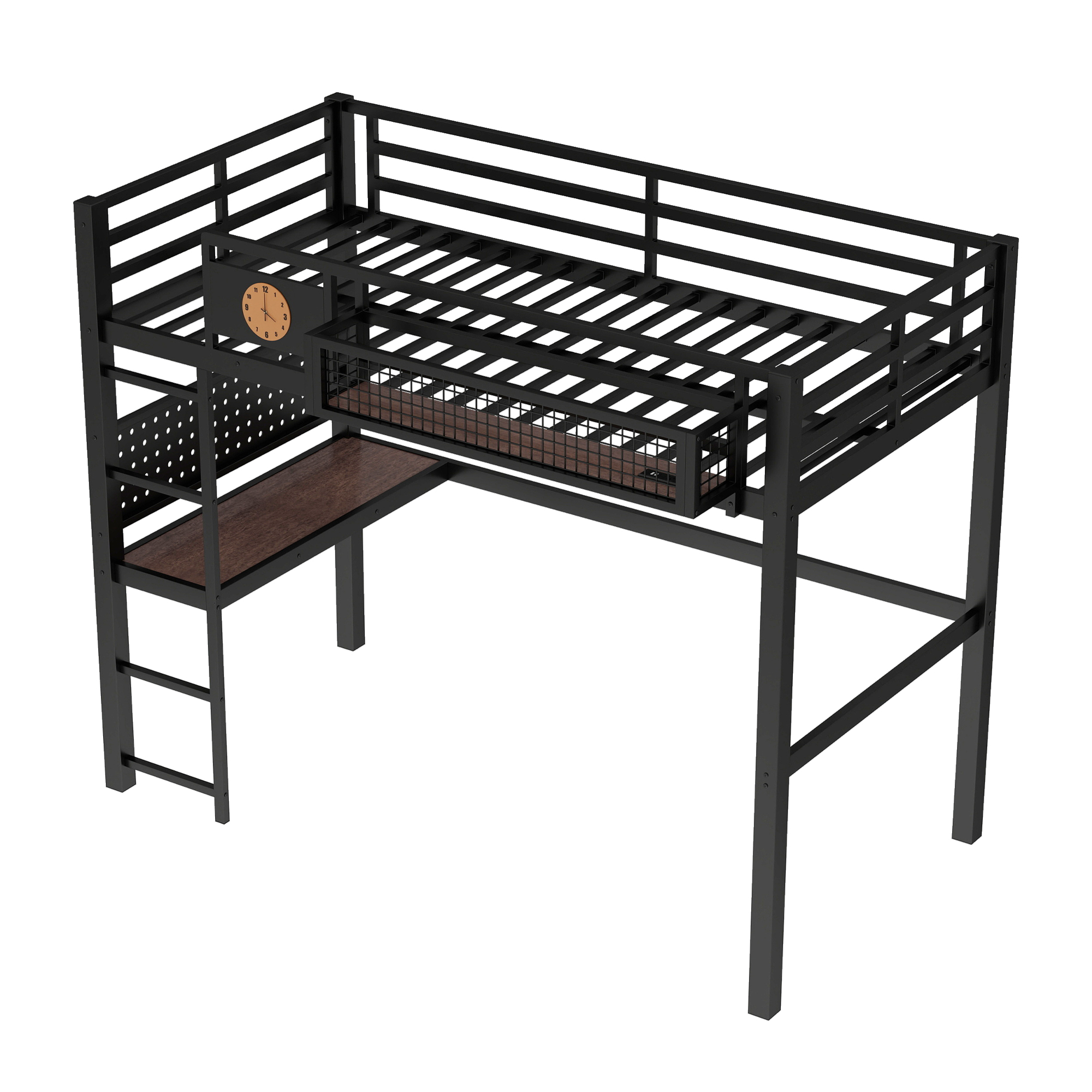 Twin XL Size Loft Bed Frame with desk, storage basket,Metal Loft Bed with clock,and charging port,Black - Image 6