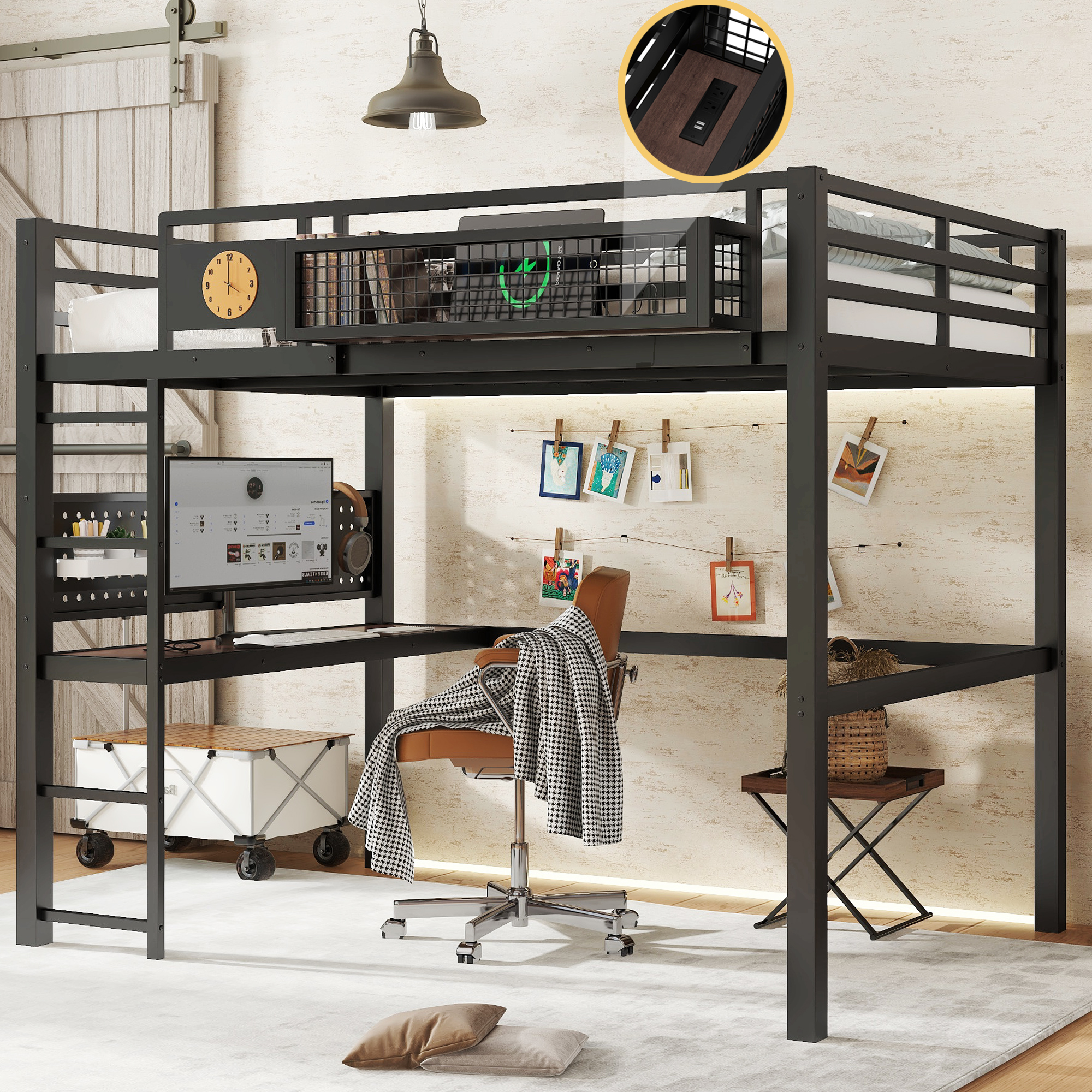 Full Size Loft Bed Frame with desk, storage basket,Metal Loft Bed with clock,and charging port,Black - Image 1