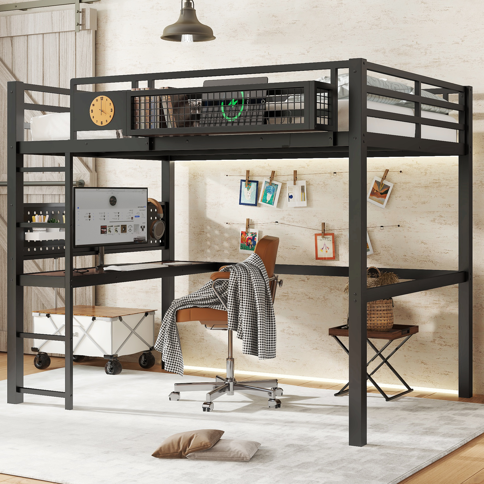 Full Size Loft Bed Frame with desk, storage basket,Metal Loft Bed with clock,and charging port,Black - Image 2