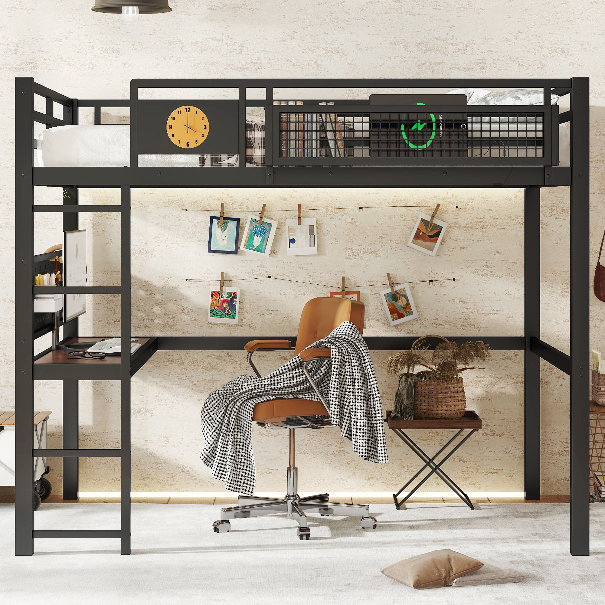 Full Size Loft Bed Frame with desk, storage basket,Metal Loft Bed with clock,and charging port,Black - Image 3