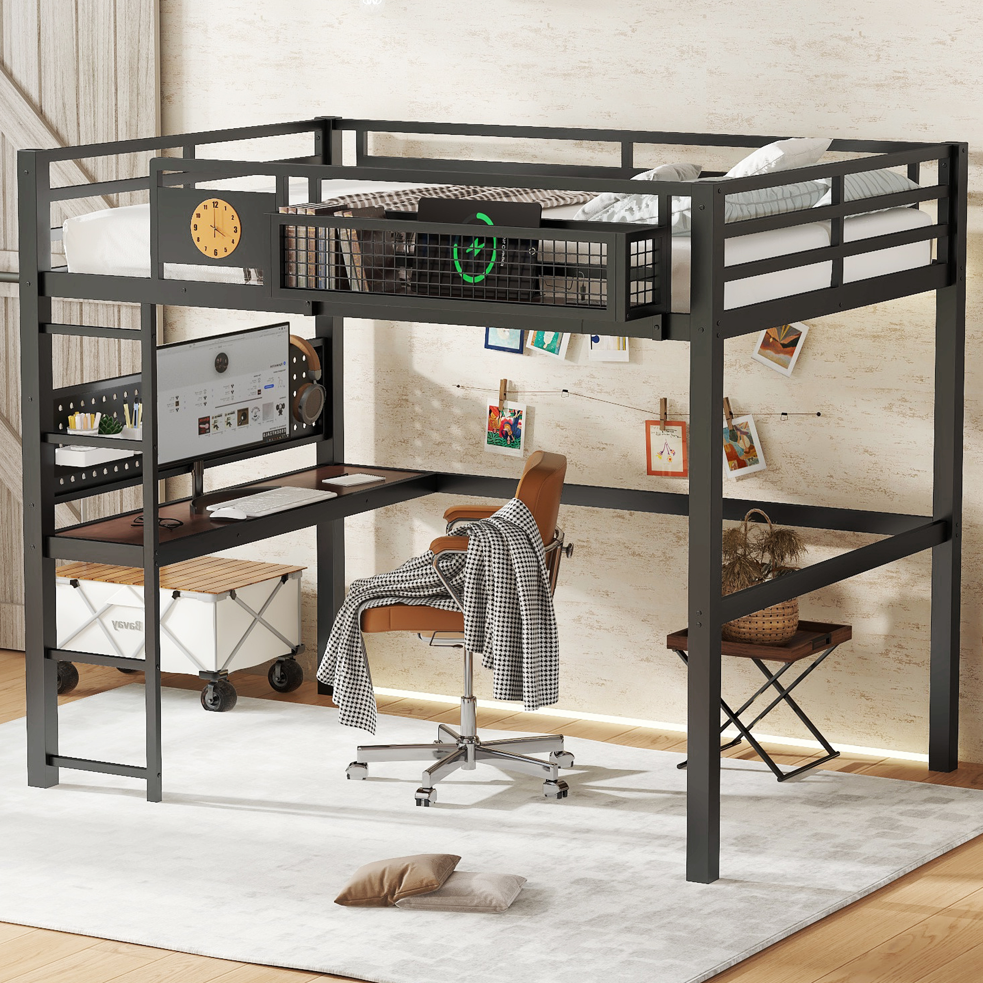Full Size Loft Bed Frame with desk, storage basket,Metal Loft Bed with clock,and charging port,Black - Image 4