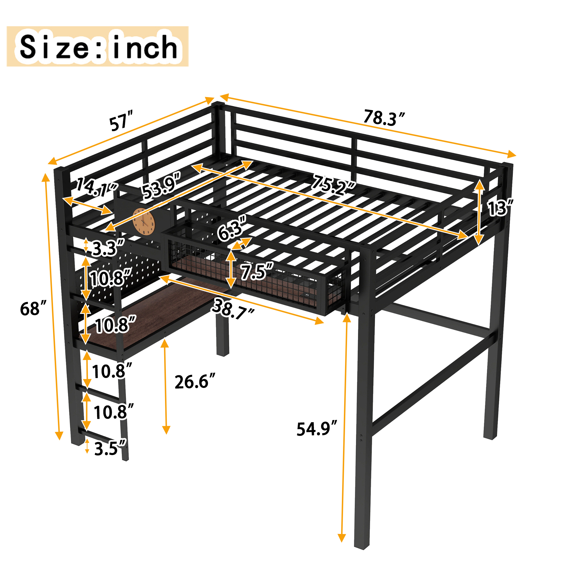 Full Size Loft Bed Frame with desk, storage basket,Metal Loft Bed with clock,and charging port,Black - Image 5