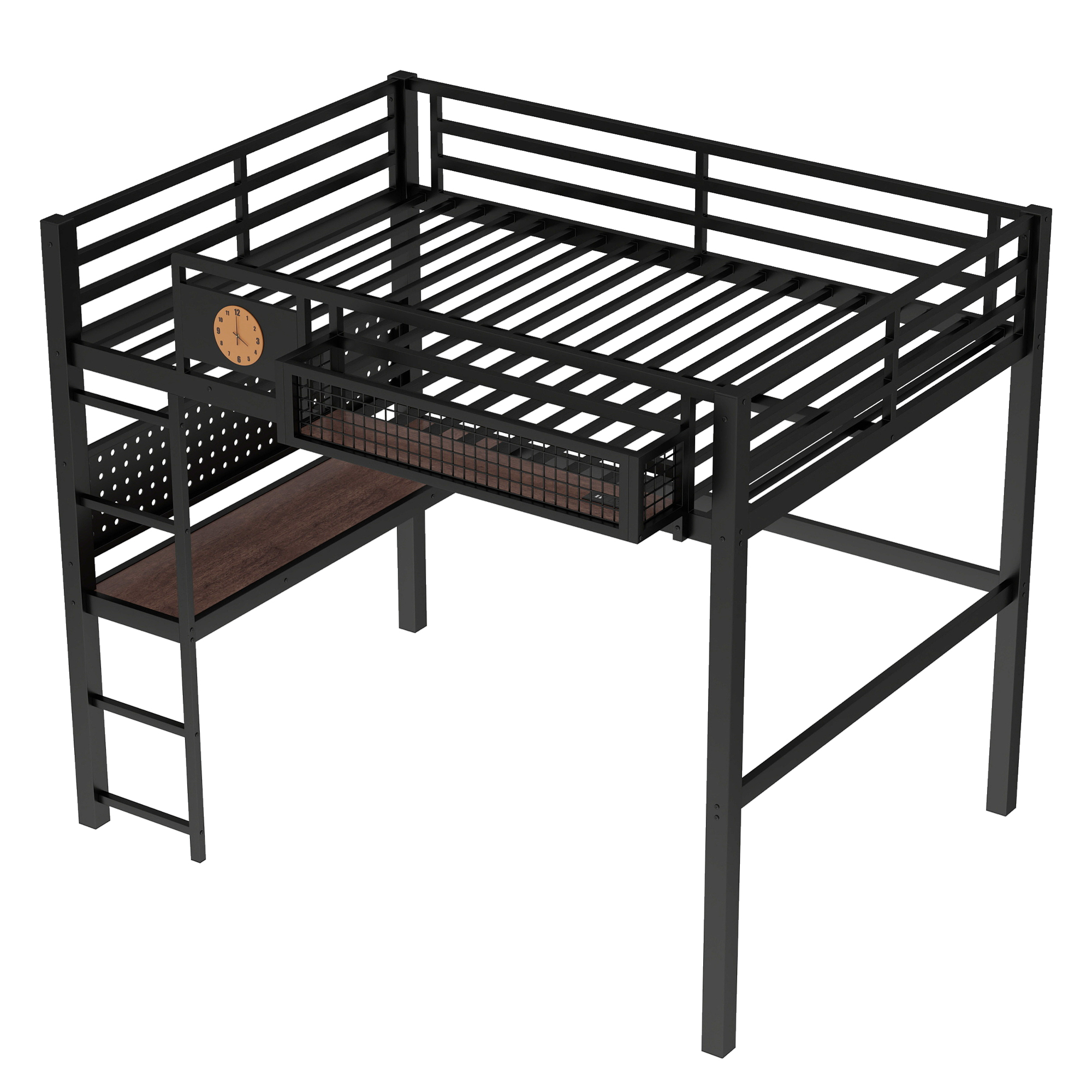 Full Size Loft Bed Frame with desk, storage basket,Metal Loft Bed with clock,and charging port,Black - Image 6