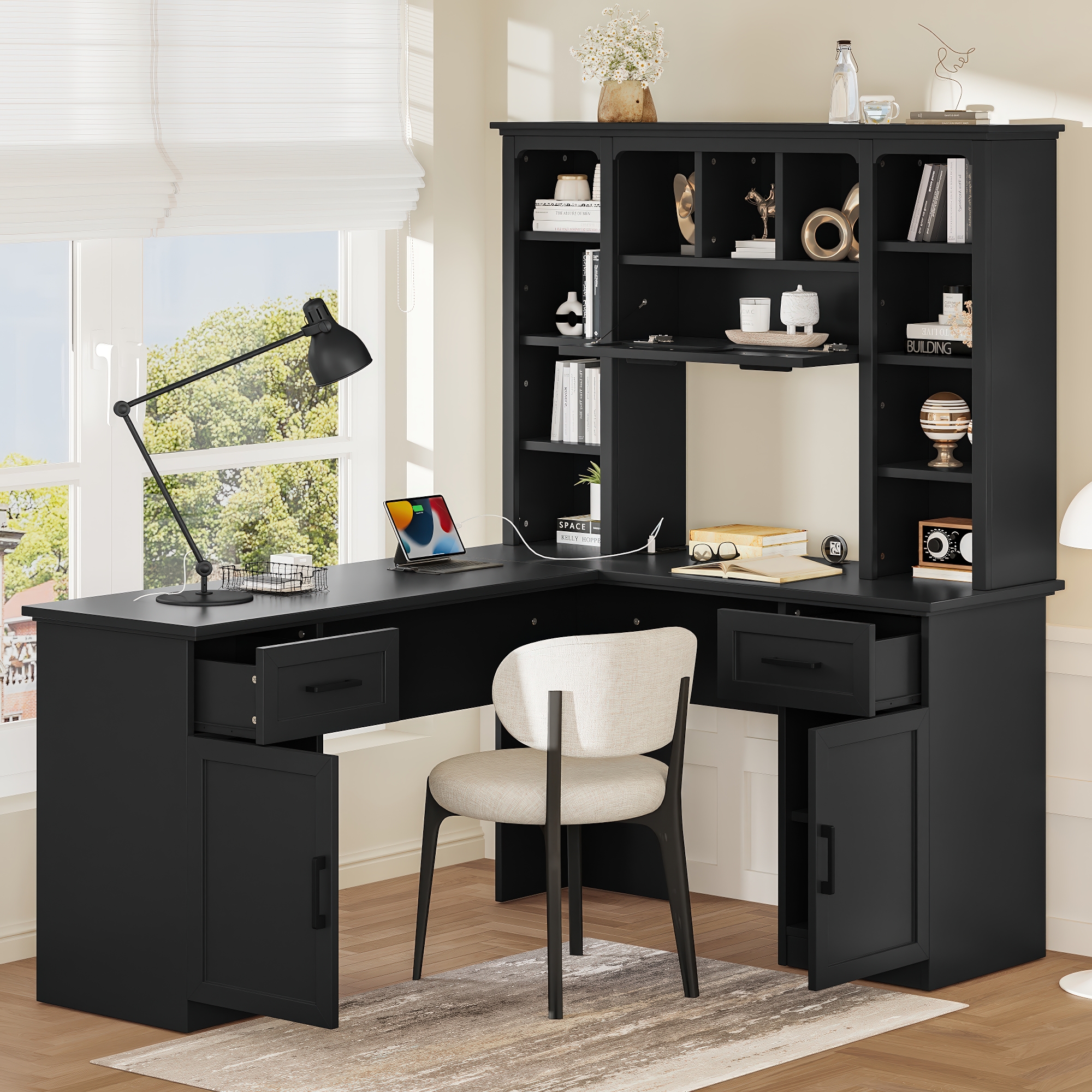 L-shaped computer desk with 2 cabinets and 2 drawers underneath the table, 11 open shelves and a flip-up shelf with storage on the right side, suitable for study, living room and office, Black - Image 2