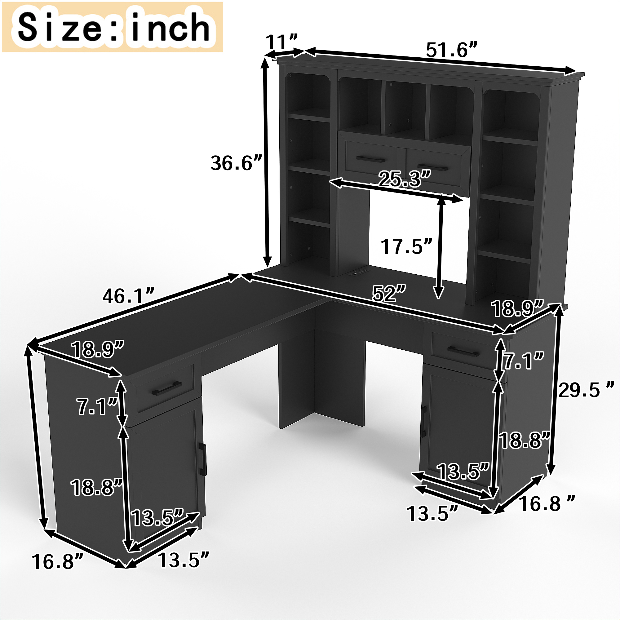 L-shaped computer desk with 2 cabinets and 2 drawers underneath the table, 11 open shelves and a flip-up shelf with storage on the right side, suitable for study, living room and office, Black - Image 3