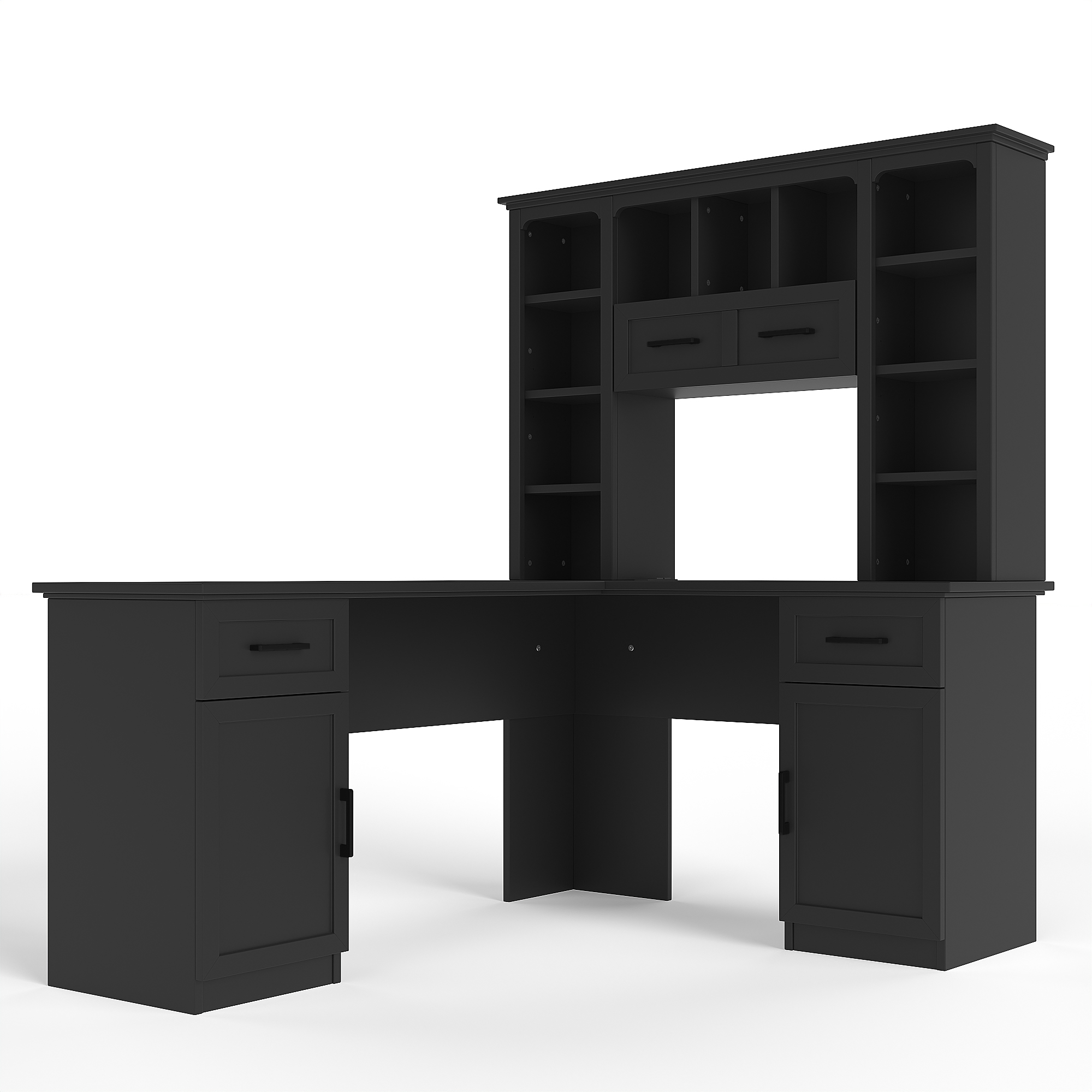 L-shaped computer desk with 2 cabinets and 2 drawers underneath the table, 11 open shelves and a flip-up shelf with storage on the right side, suitable for study, living room and office, Black - Image 4