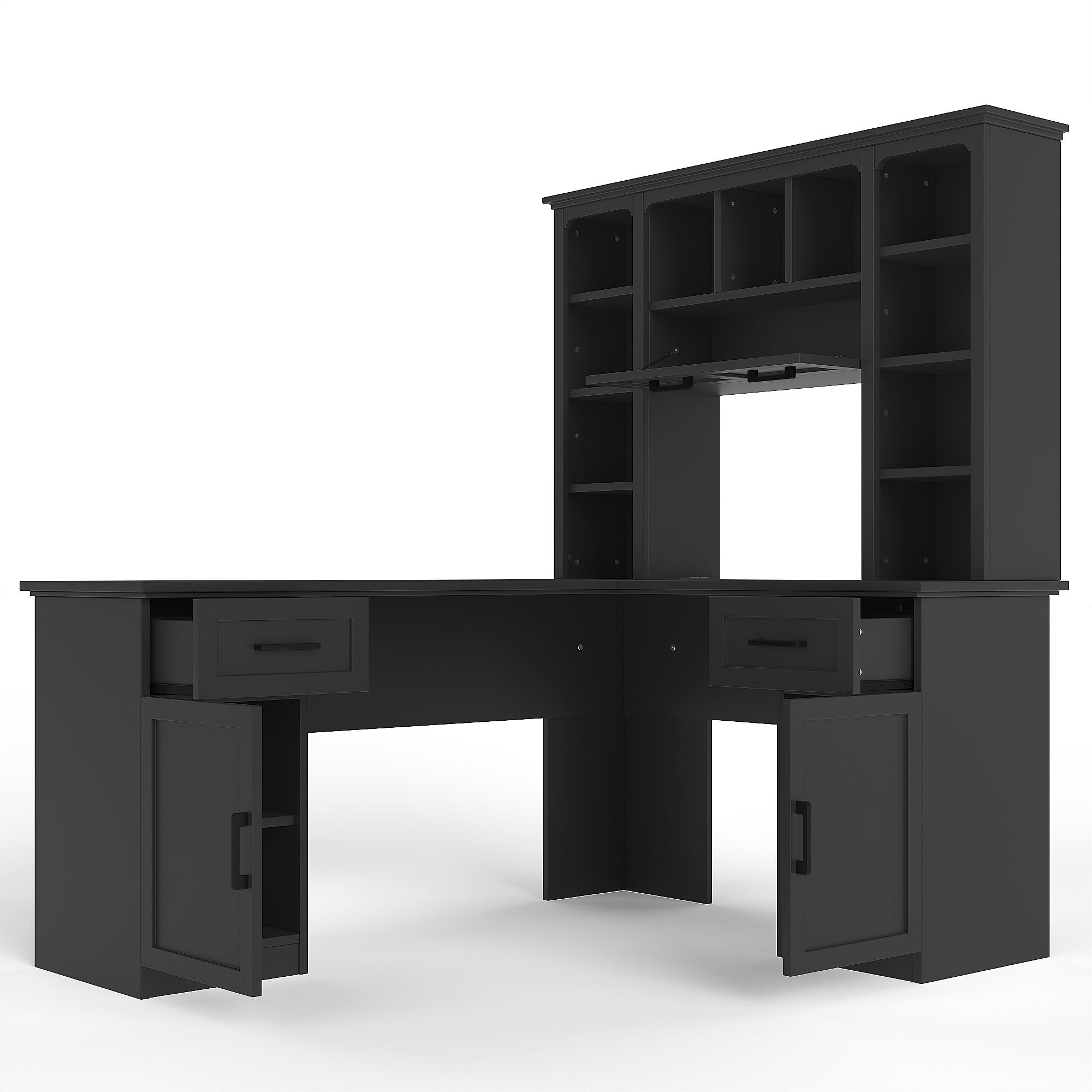 L-shaped computer desk with 2 cabinets and 2 drawers underneath the table, 11 open shelves and a flip-up shelf with storage on the right side, suitable for study, living room and office, Black - Image 5