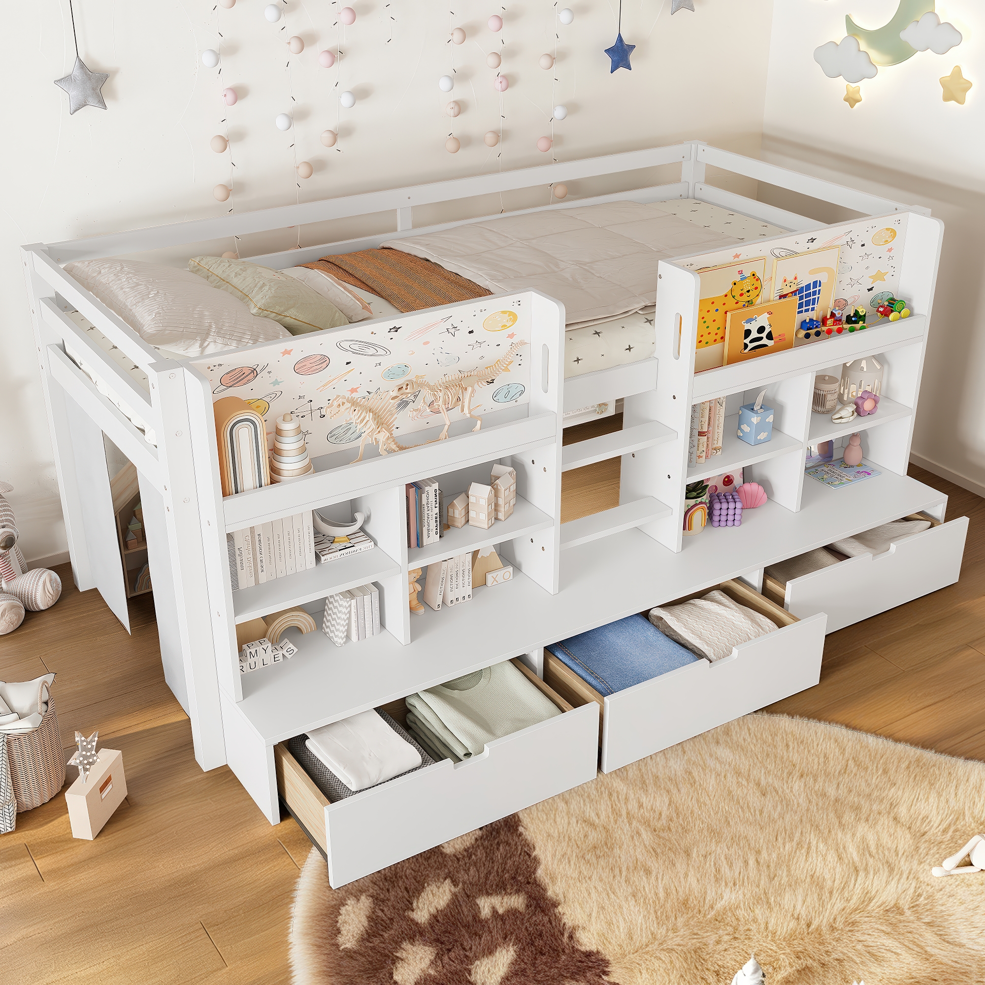 Twin XL Size Loft Bed with Multi-storage Shelves and Storage, Low Loft Bed with Curtain under the Bed and Chalkboard, No Box Spring Needed, White - Image 2