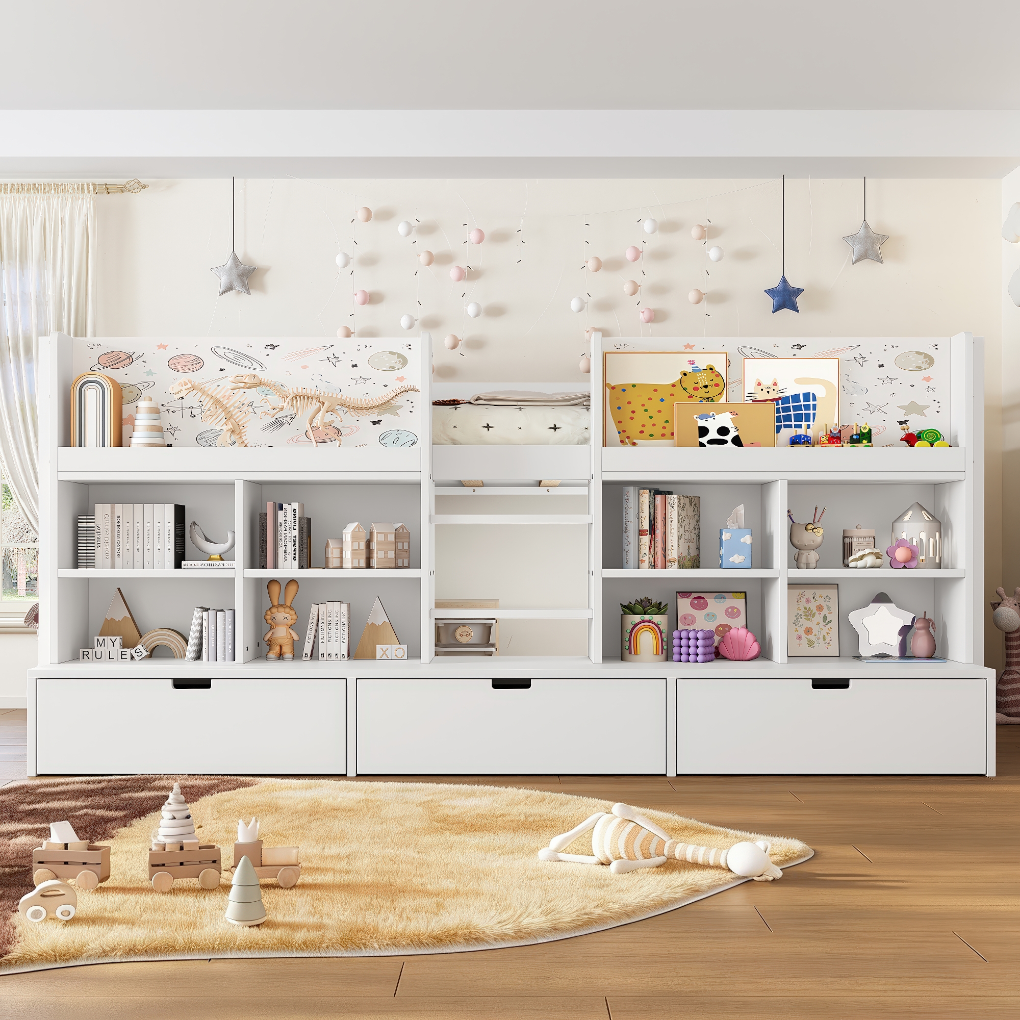 Twin XL Size Loft Bed with Multi-storage Shelves and Storage, Low Loft Bed with Curtain under the Bed and Chalkboard, No Box Spring Needed, White - Image 3