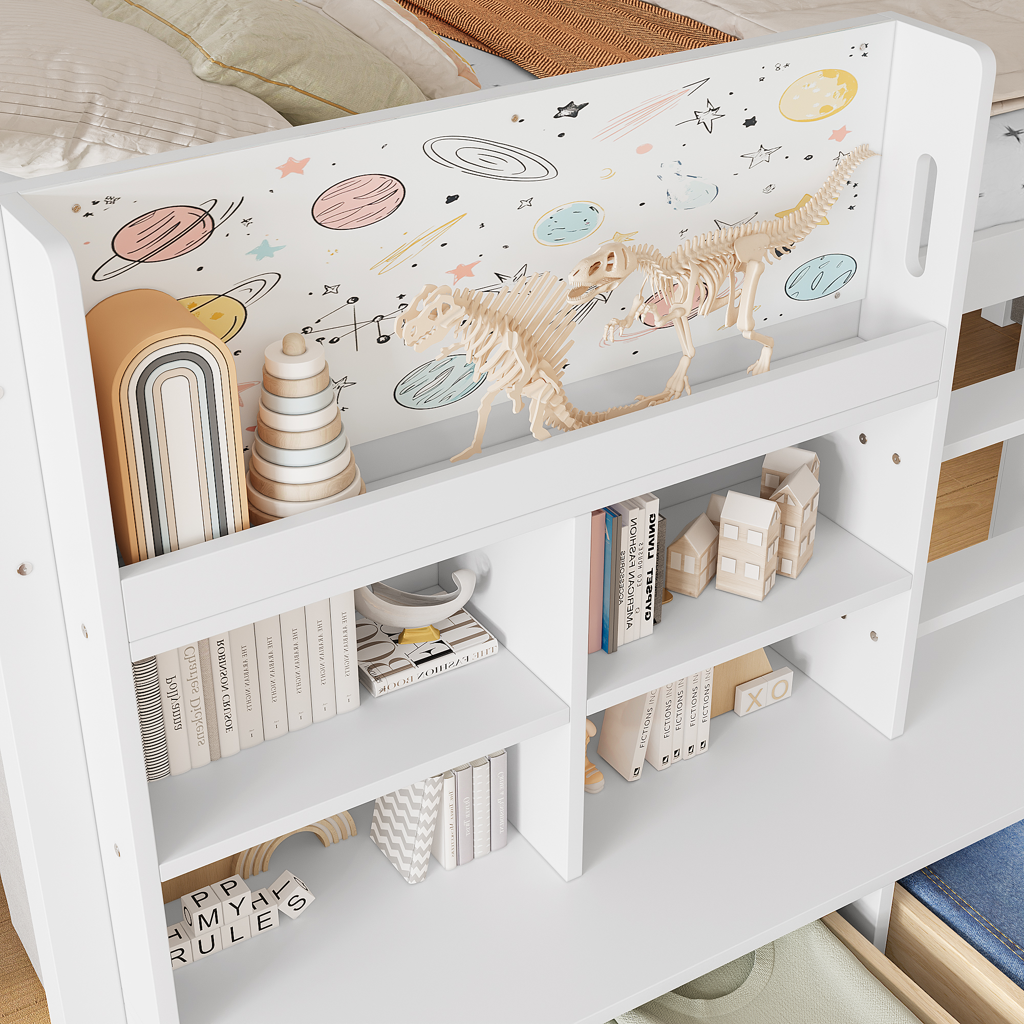 Twin XL Size Loft Bed with Multi-storage Shelves and Storage, Low Loft Bed with Curtain under the Bed and Chalkboard, No Box Spring Needed, White - Image 4