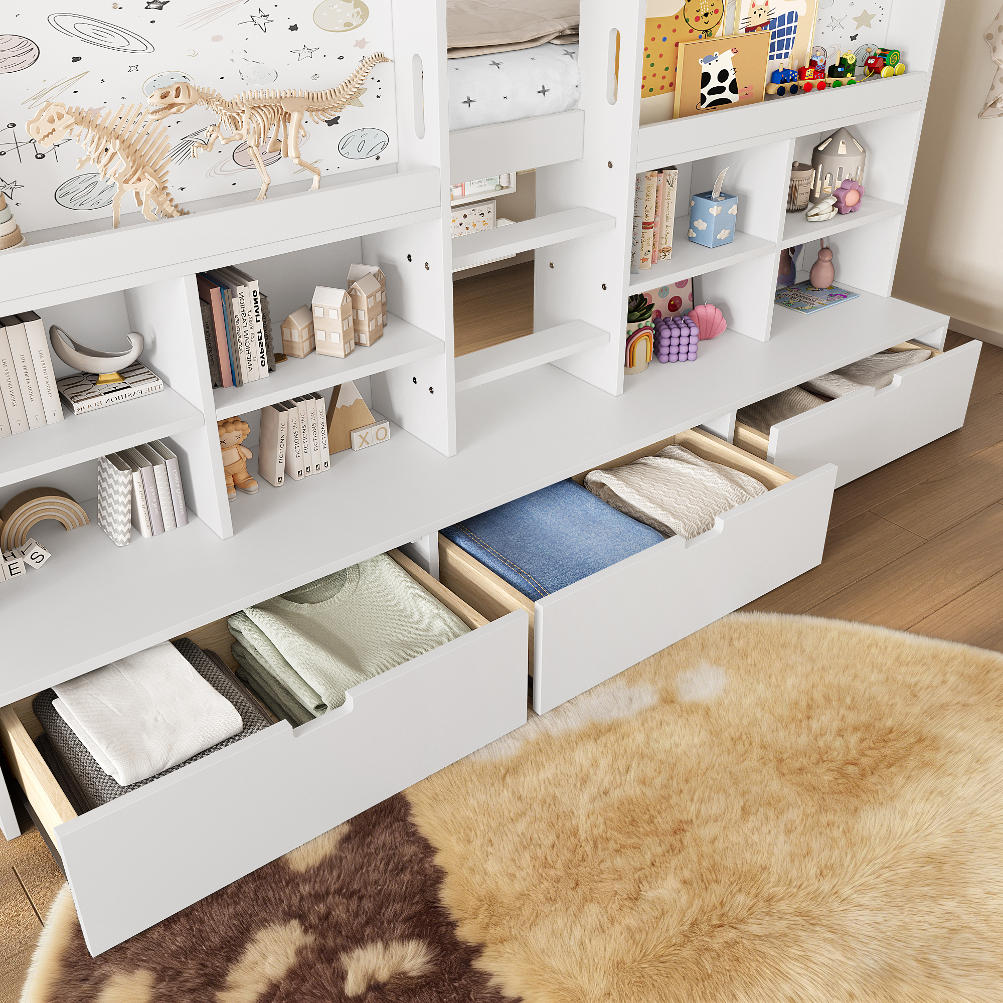 Twin XL Size Loft Bed with Multi-storage Shelves and Storage, Low Loft Bed with Curtain under the Bed and Chalkboard, No Box Spring Needed, White - Image 5