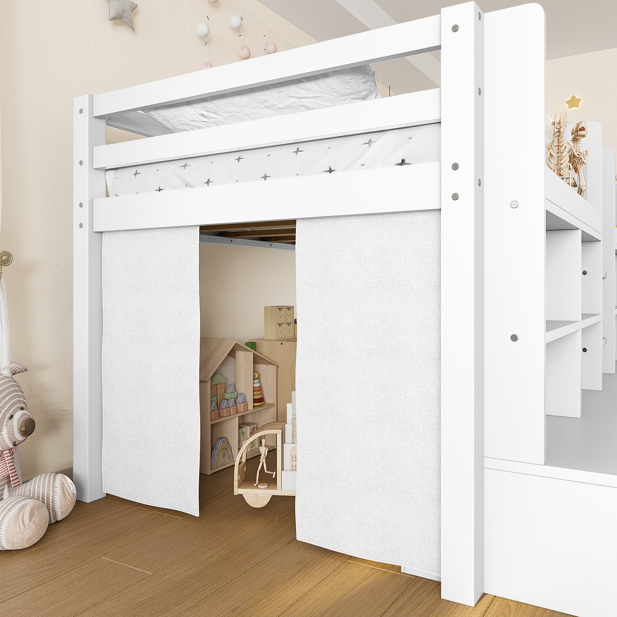 Twin XL Size Loft Bed with Multi-storage Shelves and Storage, Low Loft Bed with Curtain under the Bed and Chalkboard, No Box Spring Needed, White - Image 6