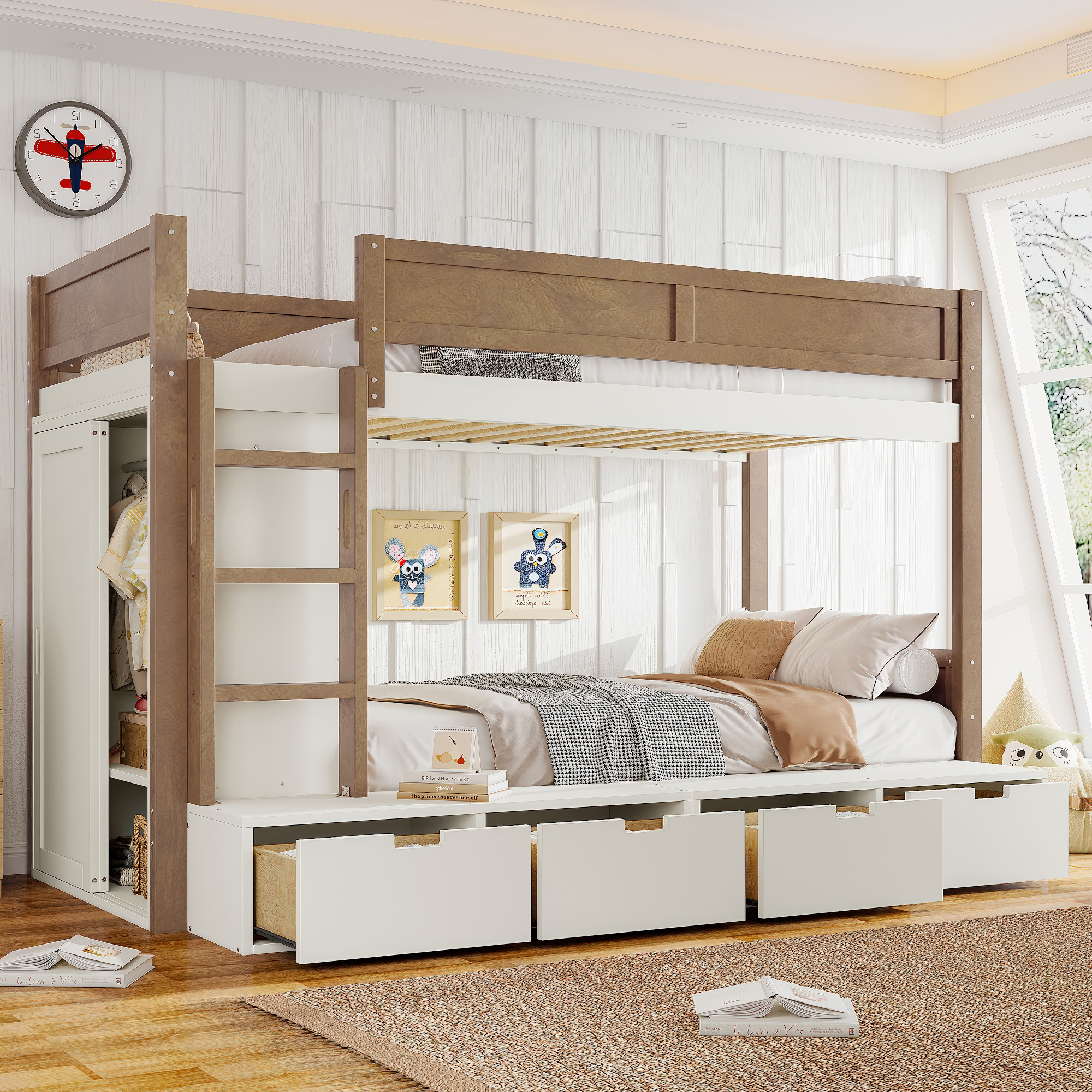 Twin over Twin/Twin XL over Full Bunk Bed with 4 Storage Drawers, Solid Wood Bunk Bed with Built-in Wardrobe and Full-length Guardrails, No Box Spring Needed, Beige & Natural - Image 1