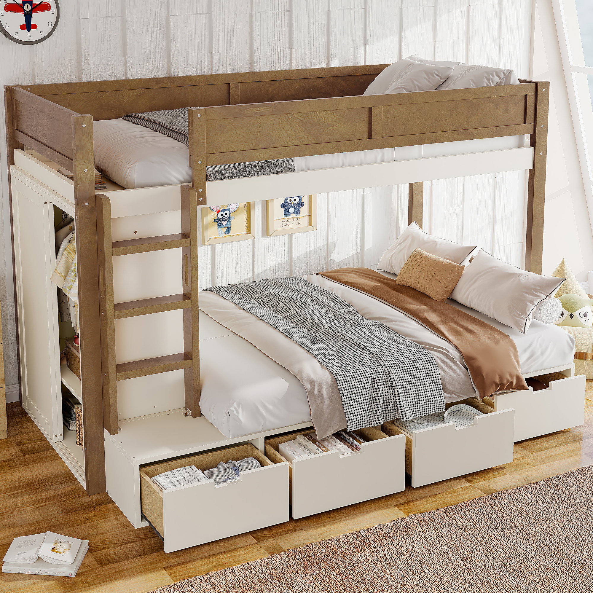 Twin over Twin/Twin XL over Full Bunk Bed with 4 Storage Drawers, Solid Wood Bunk Bed with Built-in Wardrobe and Full-length Guardrails, No Box Spring Needed, Beige & Natural - Image 2