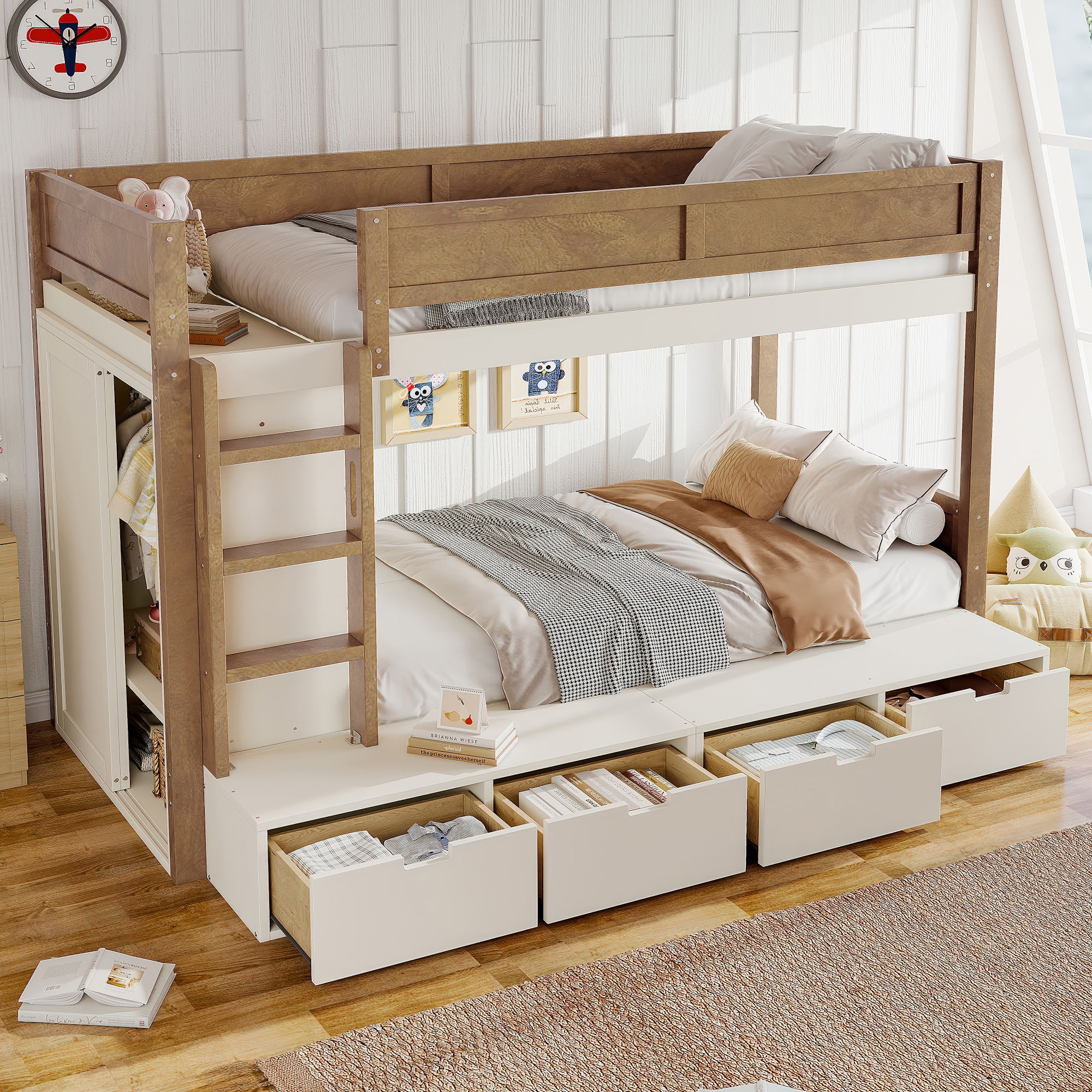 Twin over Twin/Twin XL over Full Bunk Bed with 4 Storage Drawers, Solid Wood Bunk Bed with Built-in Wardrobe and Full-length Guardrails, No Box Spring Needed, Beige & Natural - Image 3
