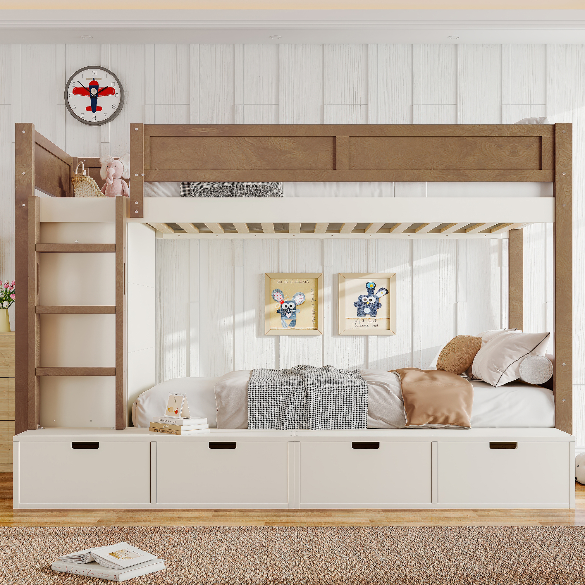 Twin over Twin/Twin XL over Full Bunk Bed with 4 Storage Drawers, Solid Wood Bunk Bed with Built-in Wardrobe and Full-length Guardrails, No Box Spring Needed, Beige & Natural - Image 4