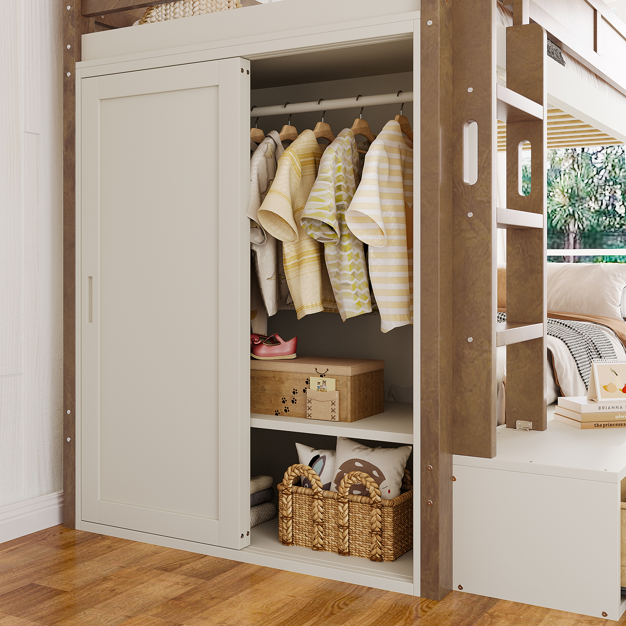 Twin over Twin/Twin XL over Full Bunk Bed with 4 Storage Drawers, Solid Wood Bunk Bed with Built-in Wardrobe and Full-length Guardrails, No Box Spring Needed, Beige & Natural - Image 5