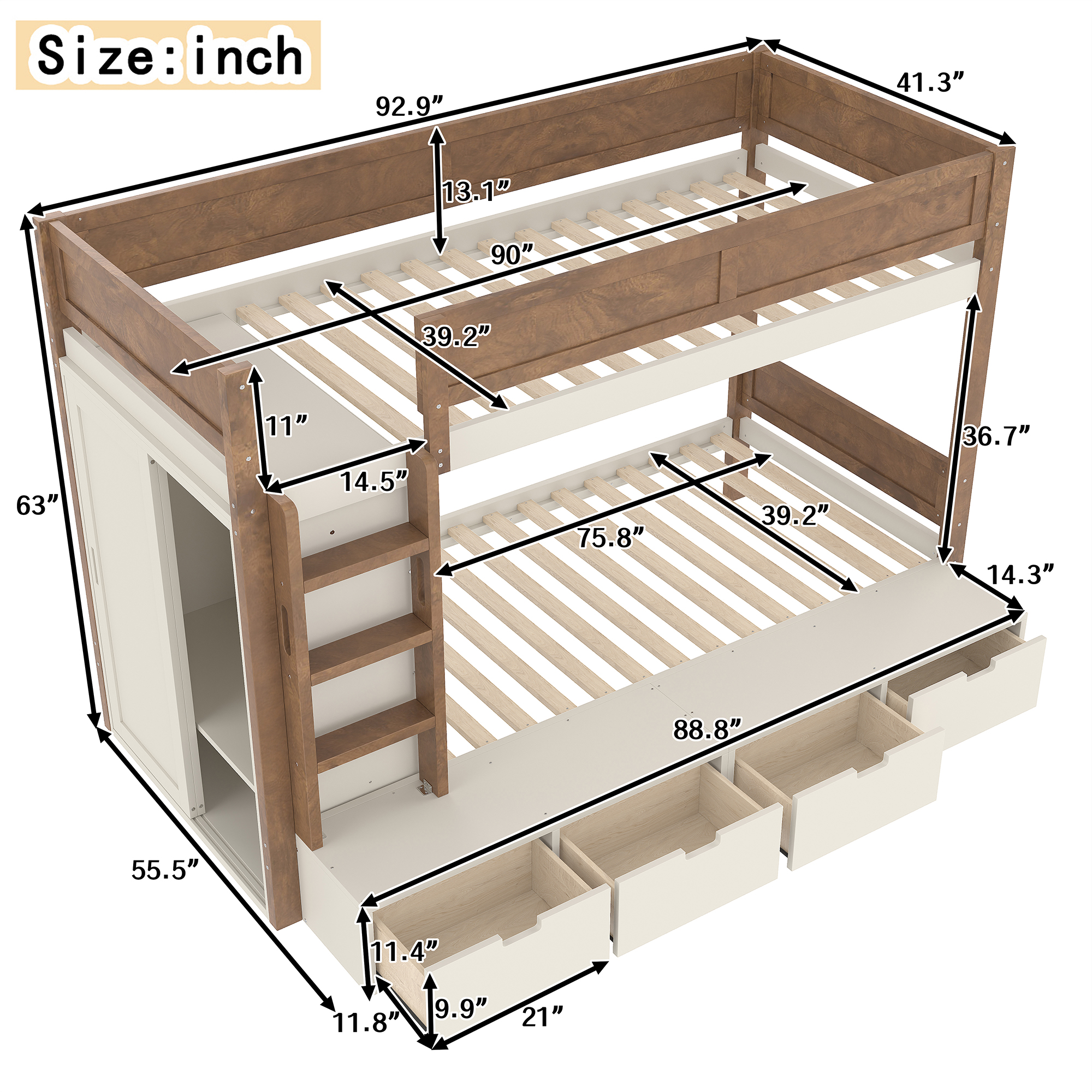Twin over Twin/Twin XL over Full Bunk Bed with 4 Storage Drawers, Solid Wood Bunk Bed with Built-in Wardrobe and Full-length Guardrails, No Box Spring Needed, Beige & Natural - Image 6