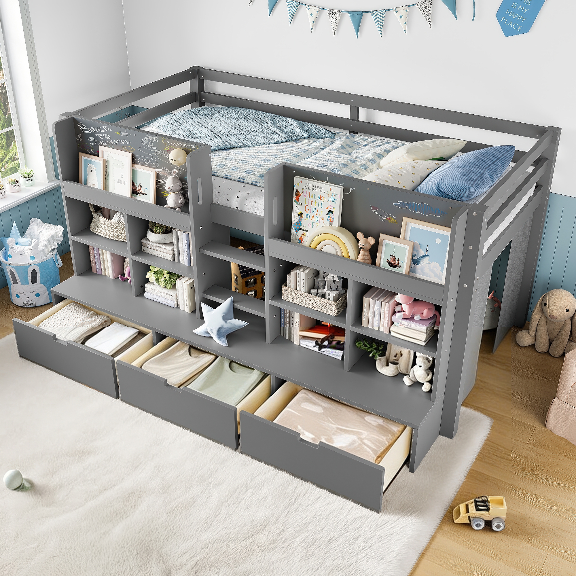 Twin Size Loft Bed with Multi-storage Shelves and Storage, Low Loft Bed with Curtain under the Bed and Chalkboard, No Box Spring Needed, Gray - Image 2