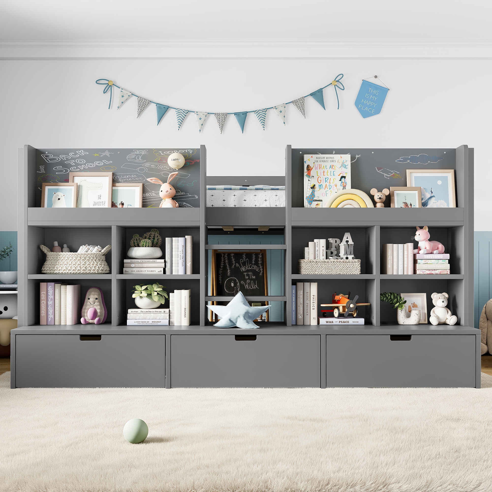 Twin Size Loft Bed with Multi-storage Shelves and Storage, Low Loft Bed with Curtain under the Bed and Chalkboard, No Box Spring Needed, Gray - Image 3