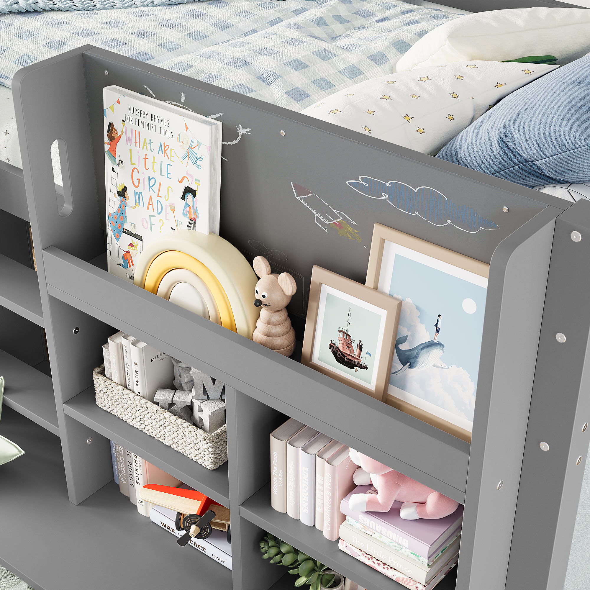 Twin Size Loft Bed with Multi-storage Shelves and Storage, Low Loft Bed with Curtain under the Bed and Chalkboard, No Box Spring Needed, Gray - Image 4