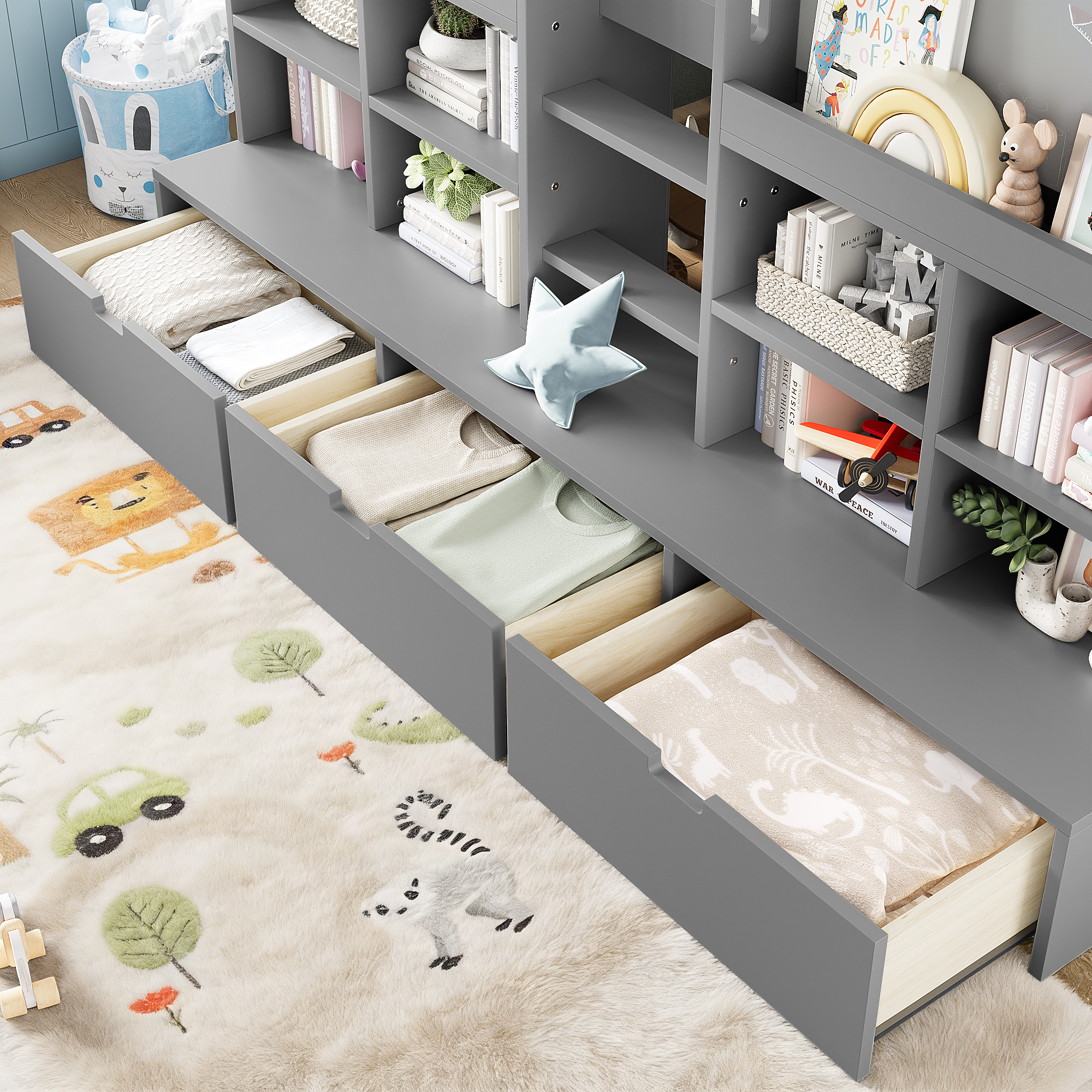 Twin Size Loft Bed with Multi-storage Shelves and Storage, Low Loft Bed with Curtain under the Bed and Chalkboard, No Box Spring Needed, Gray - Image 5