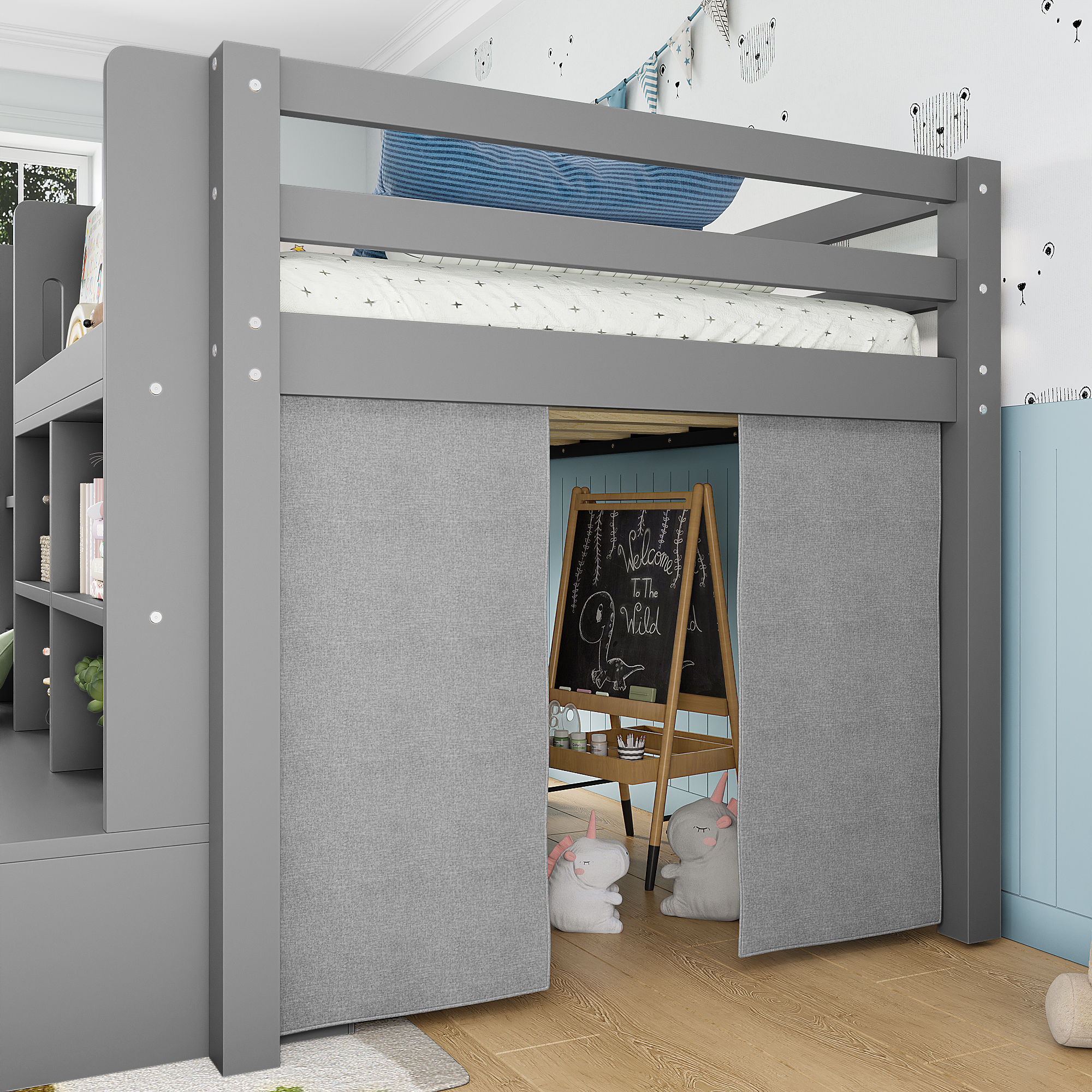 Twin Size Loft Bed with Multi-storage Shelves and Storage, Low Loft Bed with Curtain under the Bed and Chalkboard, No Box Spring Needed, Gray - Image 6