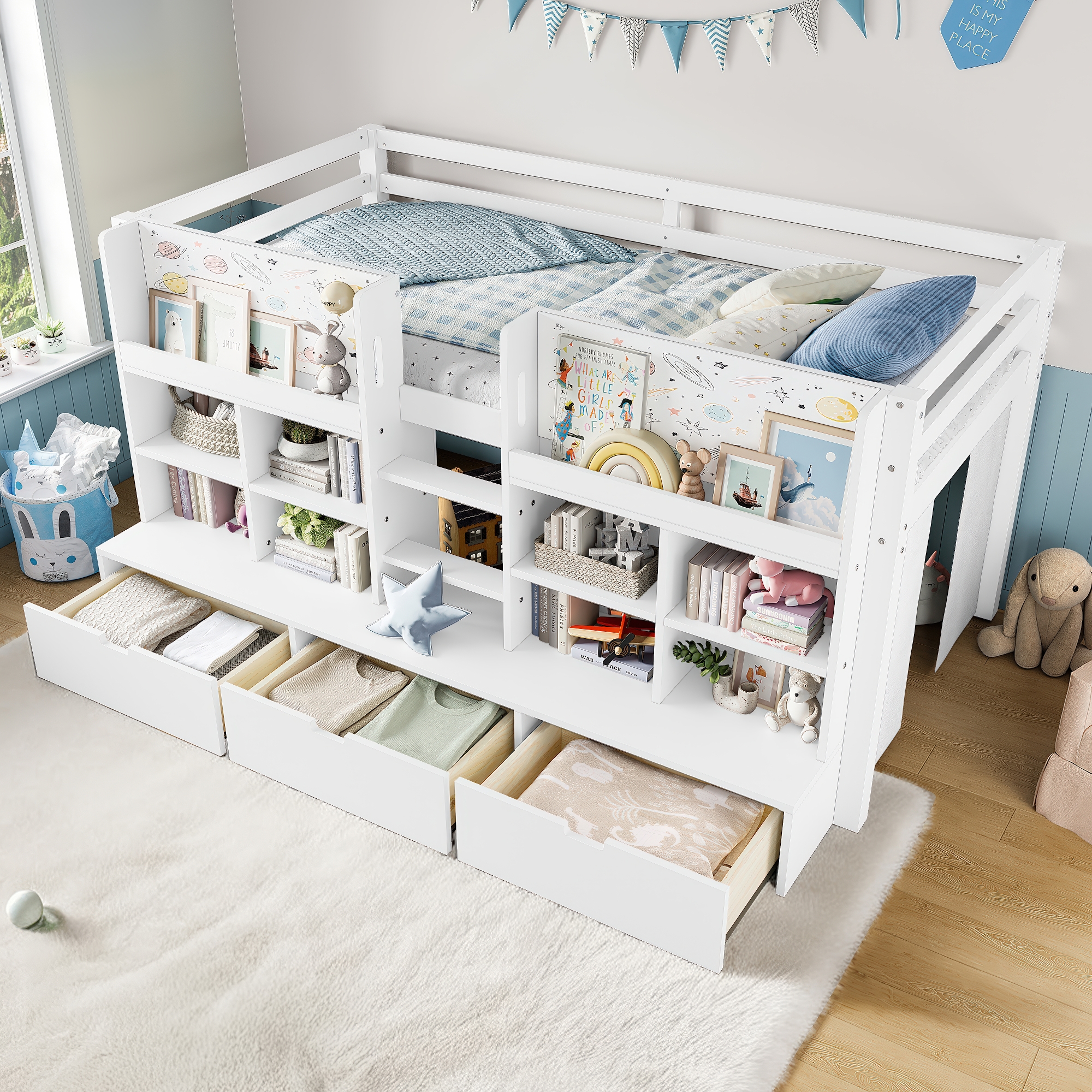 Twin Size Loft Bed with Multi-storage Shelves and Storage, Low Loft Bed with Curtain under the Bed and Chalkboard, No Box Spring Needed, White - Image 2