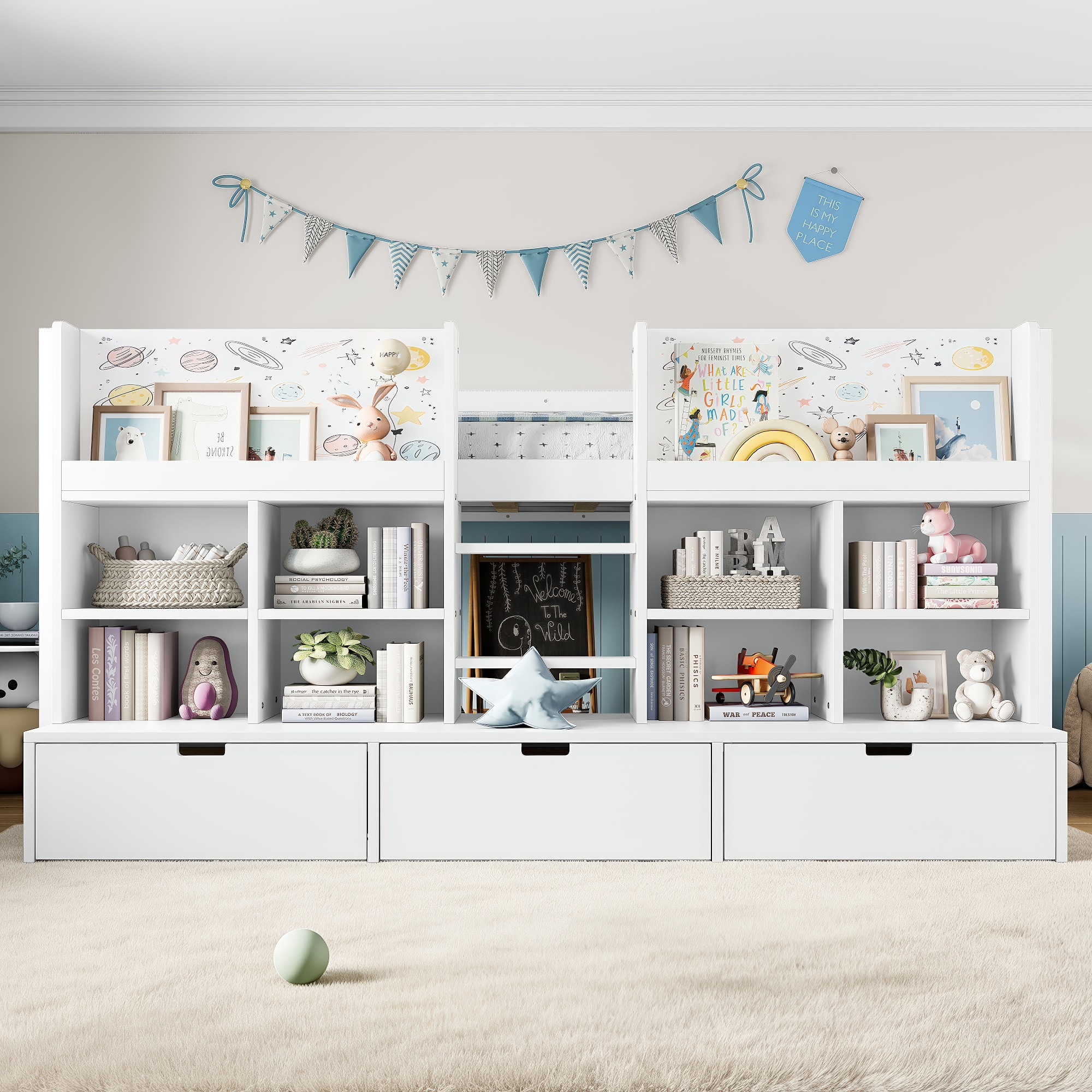 Twin Size Loft Bed with Multi-storage Shelves and Storage, Low Loft Bed with Curtain under the Bed and Chalkboard, No Box Spring Needed, White - Image 3